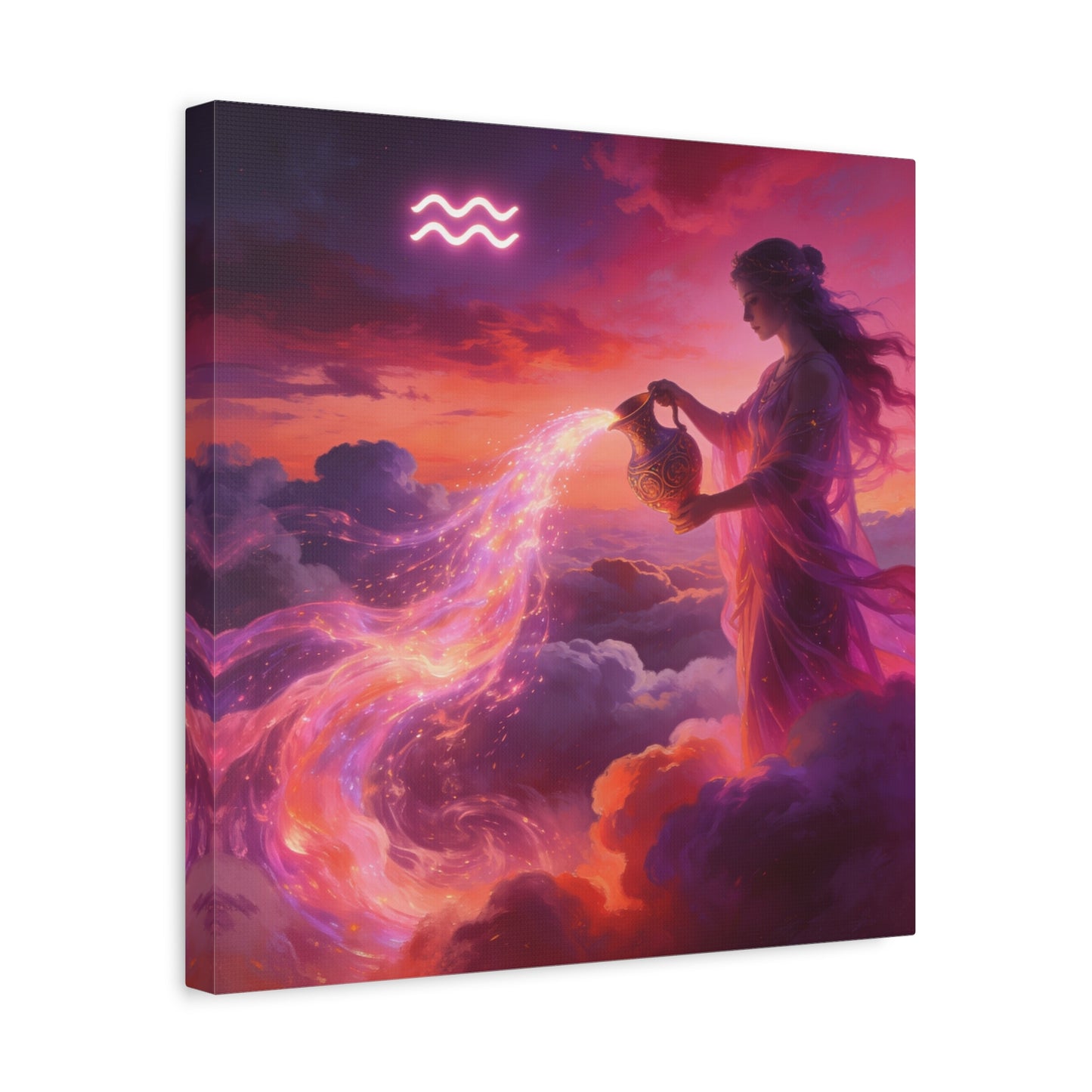 Aquarius Goddess Canvas Wall Art - Zodiac Woman Pouring Celestial Water, Fantasy Sky Illustration - Pink Purple Matte Canvas Print - Bedroom Wall Decor, Bohemian Home Accent - Bedroom Home Decoration