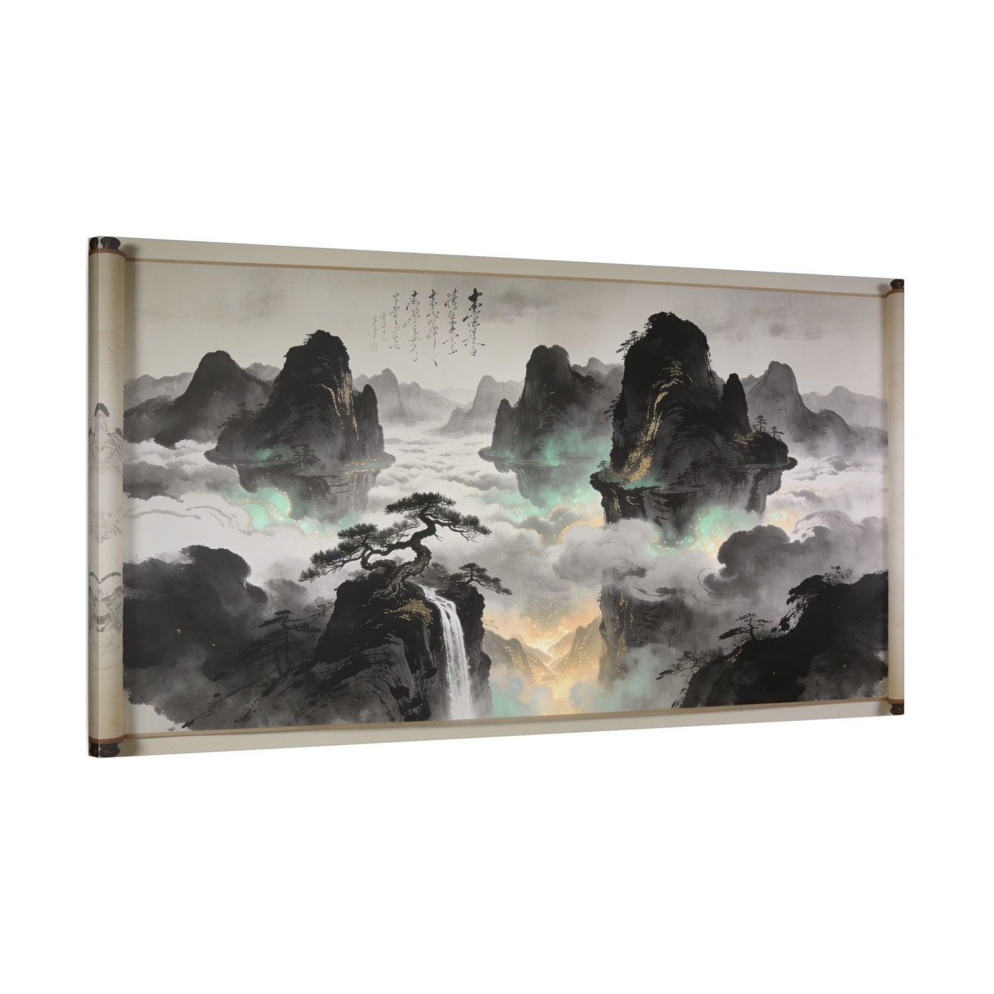 Chinese Ink Landscape Canvas Wall Art - Misty Mountain Scroll Painting, Cloud Sea Waterfall, Calligraphy Detail - Contemporary Zen Style - Living Room Wall Decor, Bedroom Home Accent - Ready to Hang