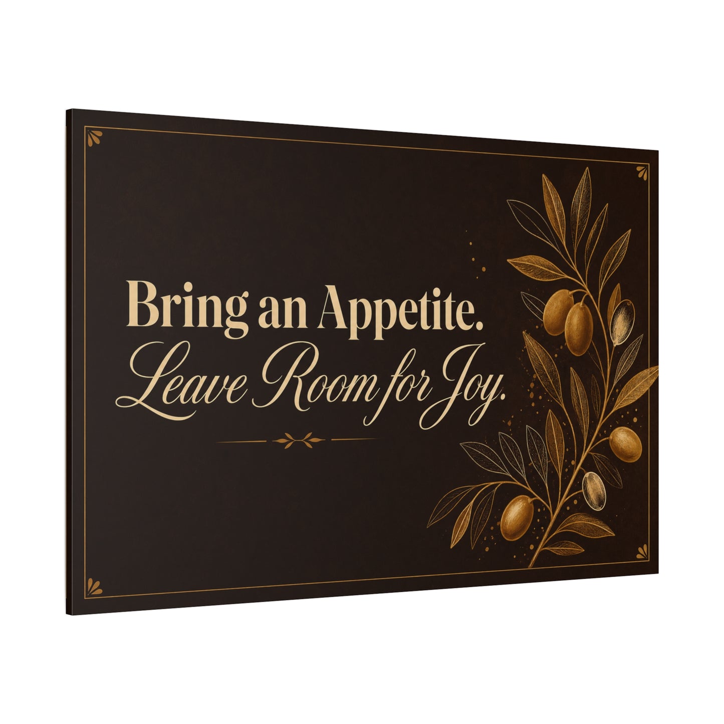 "Bring An Appetite. Leave Room For Joy." Typography Canvas Wall Art - Olive Branch Kitchen Decor - Vintage Dark Brown And Gold Quote Print - Dining Room Home Decoration - Bedroom Home Decoration