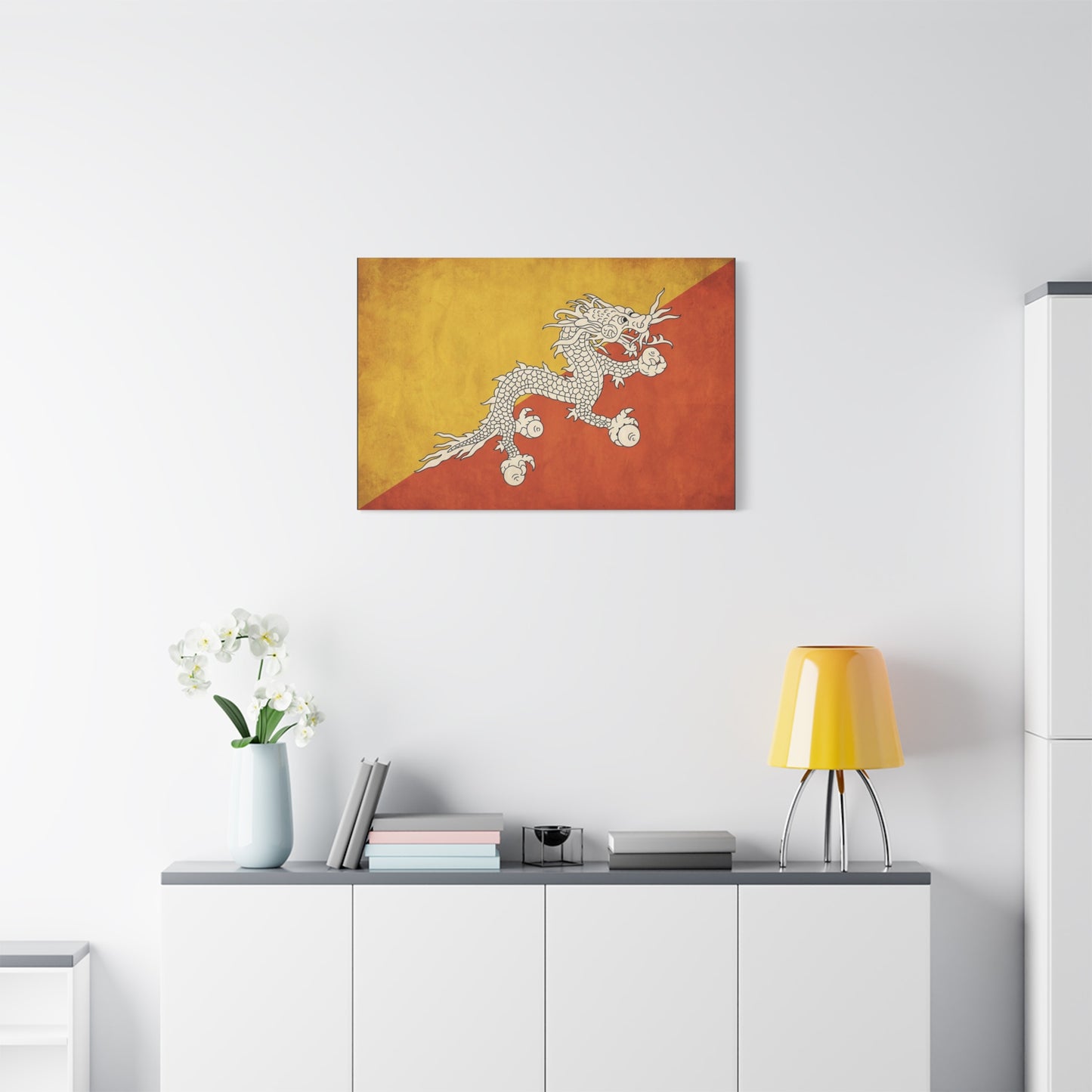 Bhutan Flag Dragon Canvas Wall Art - White Druk On Yellow Orange Field - Vintage Textured Print, Cultural Wall Decor, Living Room Home Decoration - Modern Farmhouse Style - Bedroom Home Decoration