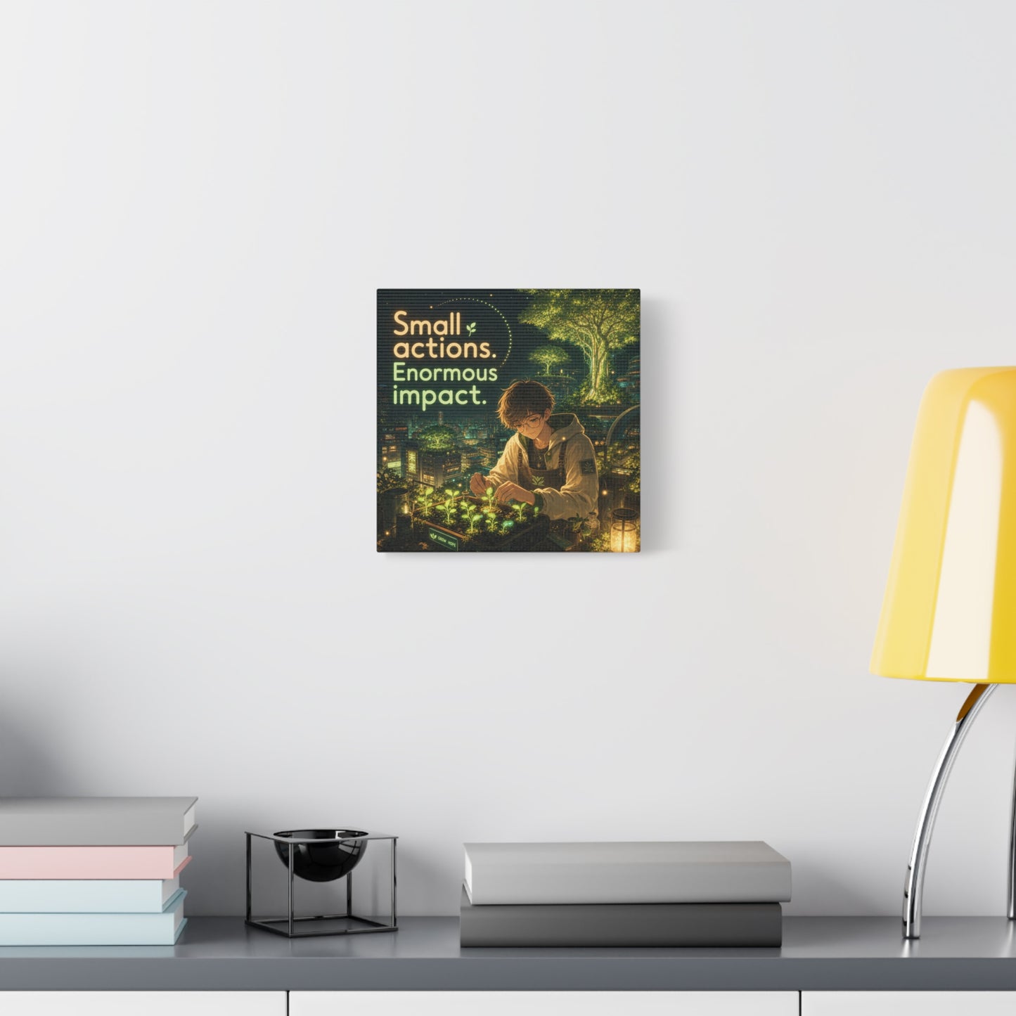 "Small Actions. Enormous Impact." Inspirational Canvas Wall Art - Anime Boy Gardening Cityscape - Glowing Green Night Illustration - Bedroom Home Decoration, Home Office Decor - Living Room Wall Decor