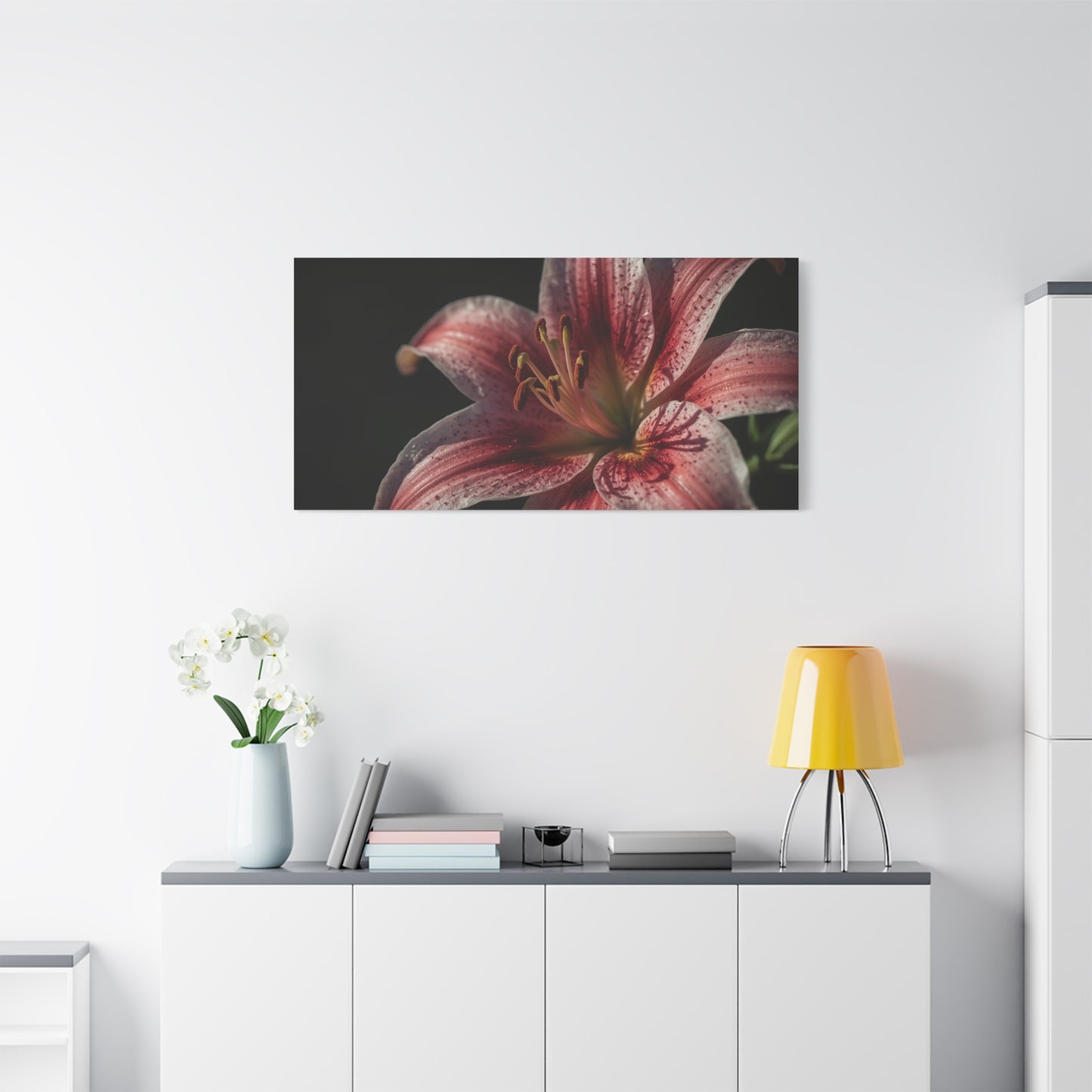 Pink Stargazer Lily Canvas Wall Art - Floral Macro Art Print, Dark Botanical Canvas Print - Matte Cotton Decor, Contemporary Style - Bedroom Wall Accent, Living Room Decoration - Ready to Hang