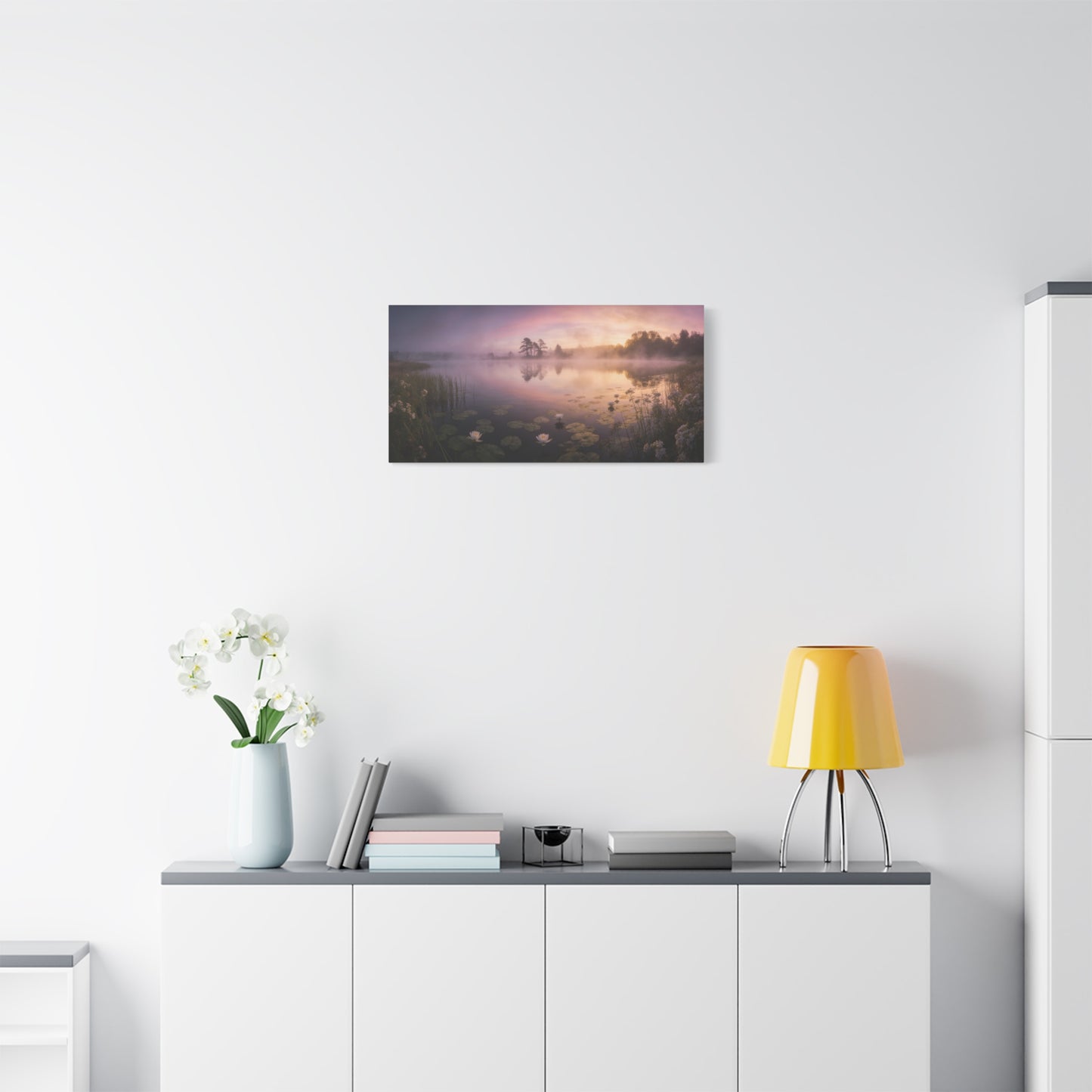 Misty Lake Sunrise Canvas Wall Art - Water Lily Pond Landscape Art Print, Soft Pink And Gold Sky - Serene Nature Decor - Matte Finish Canvas Print - Living Room Wall Decor Bedroom Home Decoration