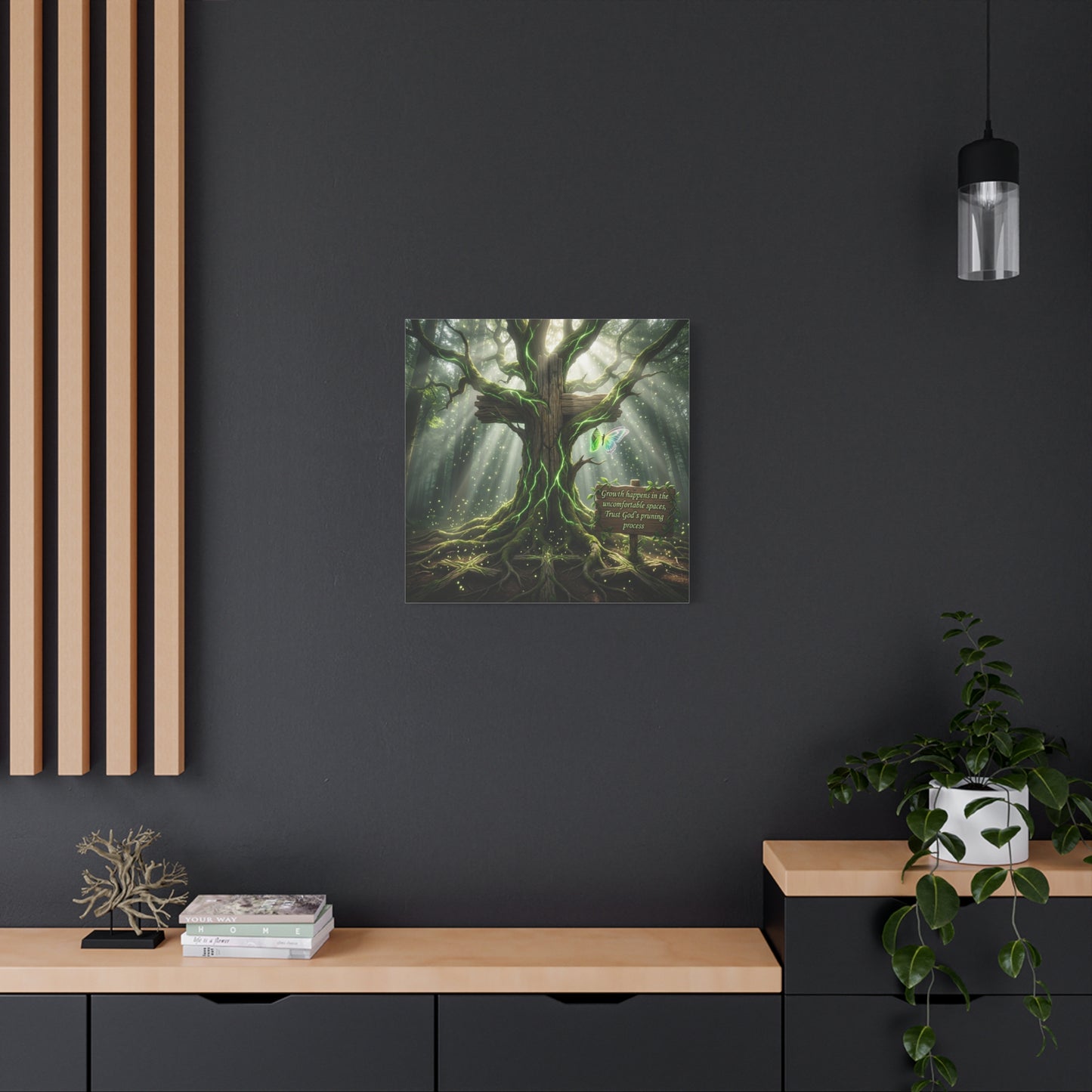 "Growth Happens In The Uncomfortable Spaces, Trust God's Pruning Process" Christian Canvas Wall Art - Forest Tree Cross, Butterfly - Inspirational Rustic Decor - Living Room Wall Decor - Ready to Hang