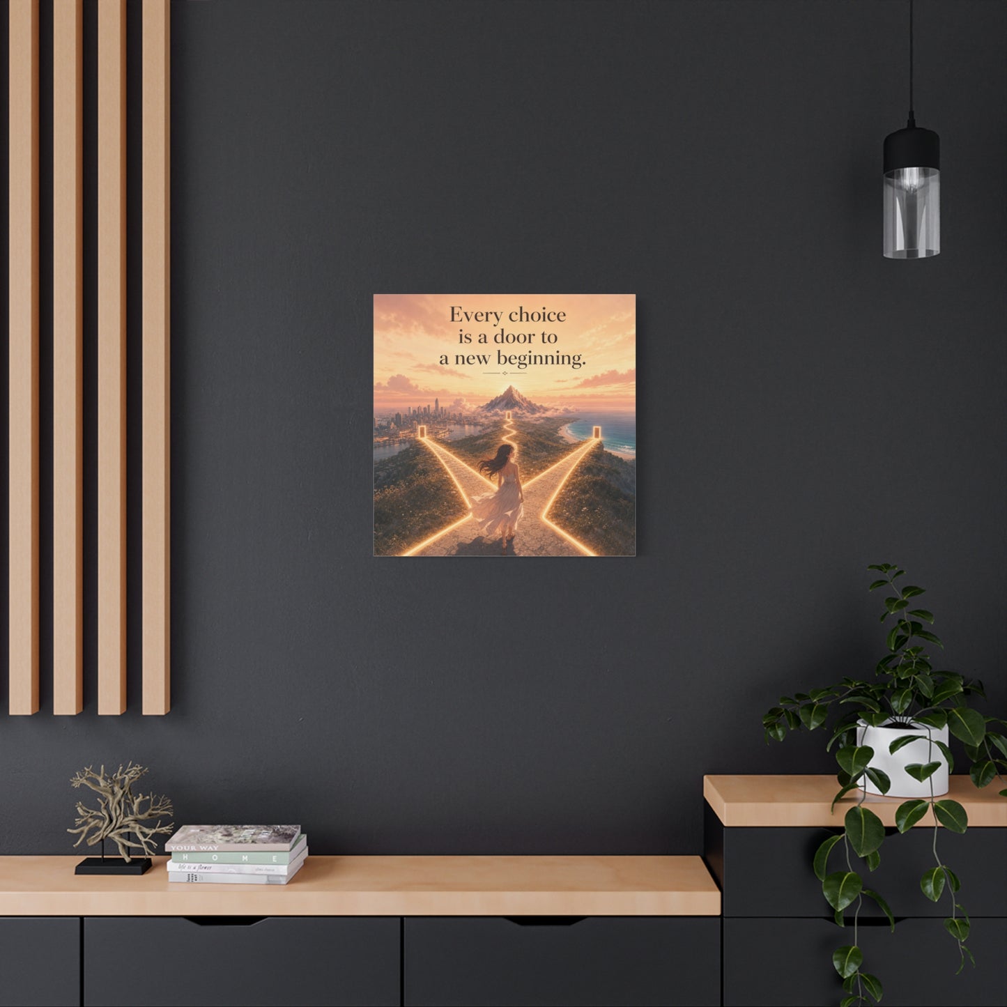 "Every Choice Is A Door To A New Beginning." Inspirational Canvas Wall Art - Woman At Glowing Crossroads Path, Mountain And Coast Dreamscape - Modern Typography Decor For Bedroom Office