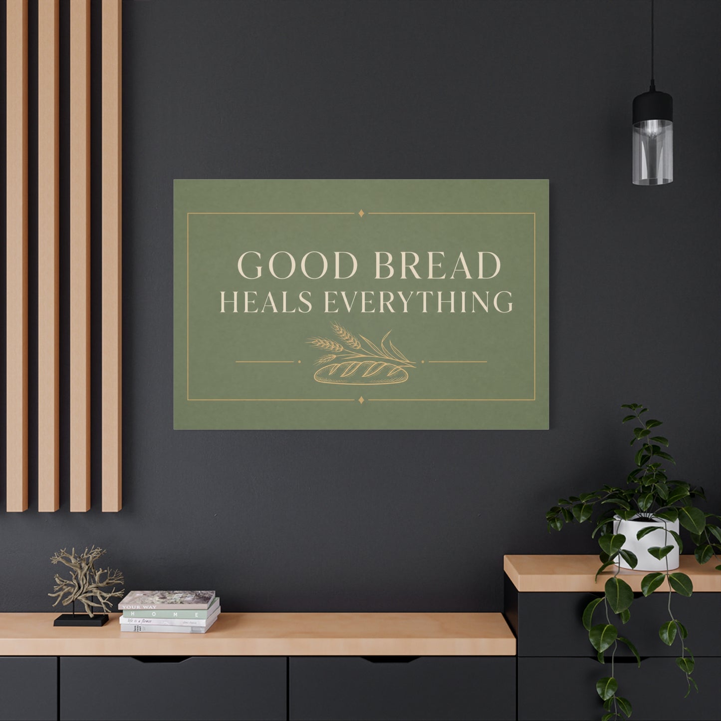 "Good Bread Heals Everything" Canvas Wall Art - Vintage Bread Quote Print, Sage Green Typography, Rustic Farmhouse Style - Ready to Hang - Deli Wall Decor - Sandwich Shop Sign - Diner Decor
