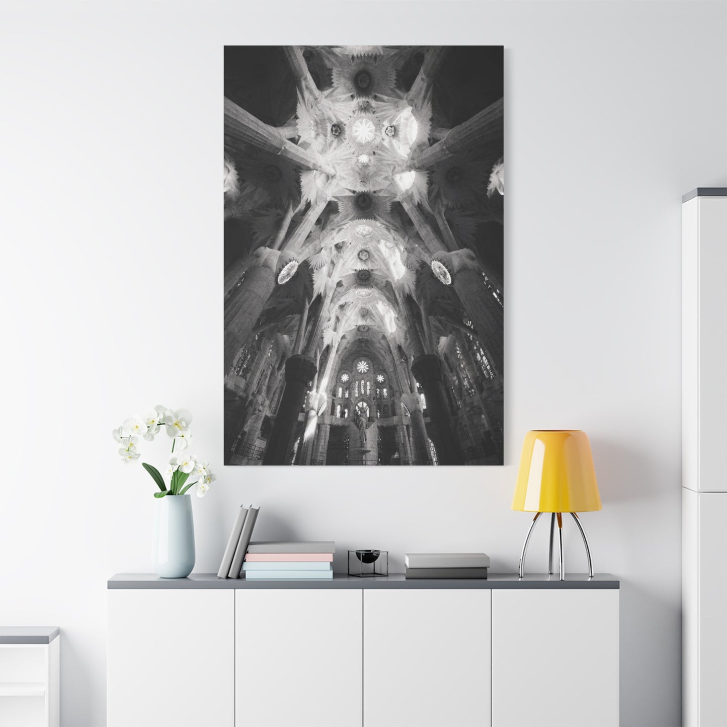 Sagrada Familia Cathedral Interior Canvas Wall Art - Black And White Architectural Art Print, Gothic Ceiling Columns, Contemporary Wall Decor For Living Room Office - Bedroom Home Decoration