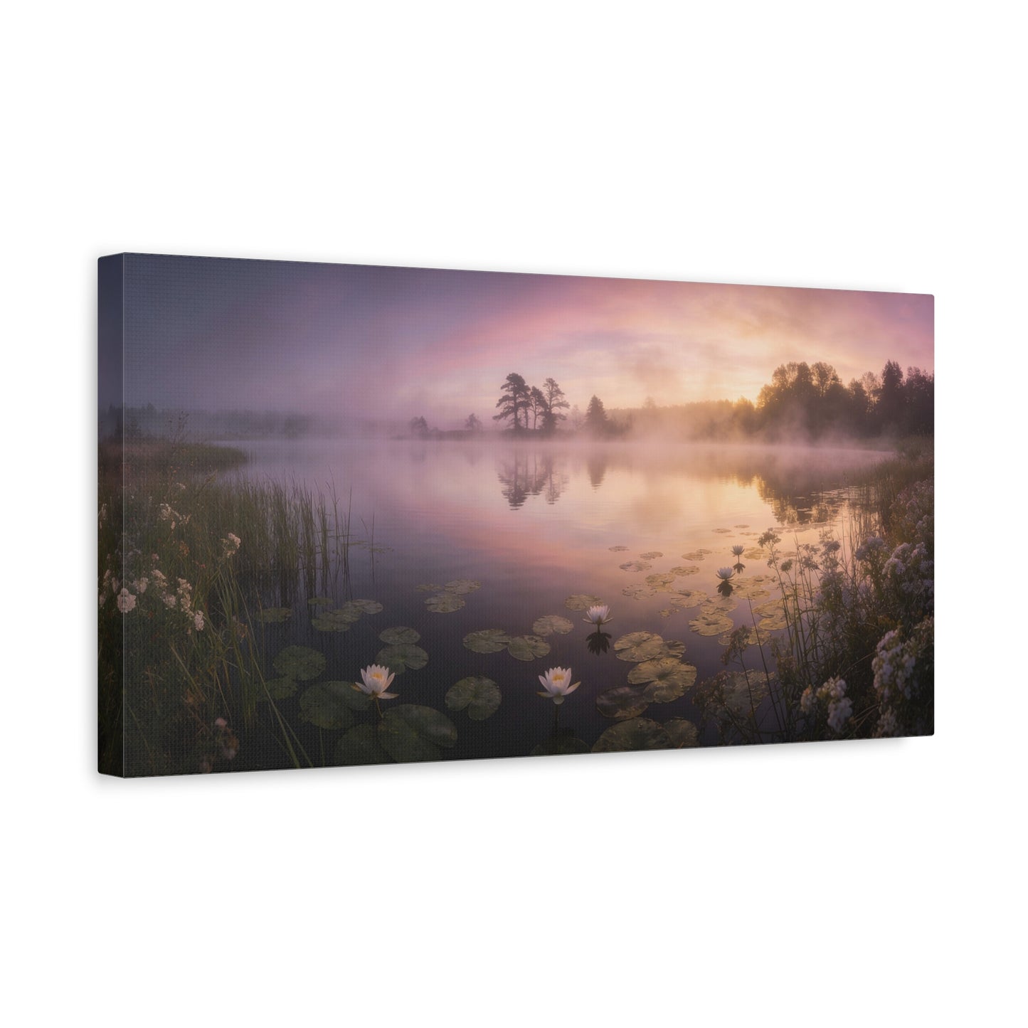 Misty Lake Sunrise Canvas Wall Art - Water Lily Pond Landscape Art Print, Soft Pink And Gold Sky - Serene Nature Decor - Matte Finish Canvas Print - Living Room Wall Decor Bedroom Home Decoration