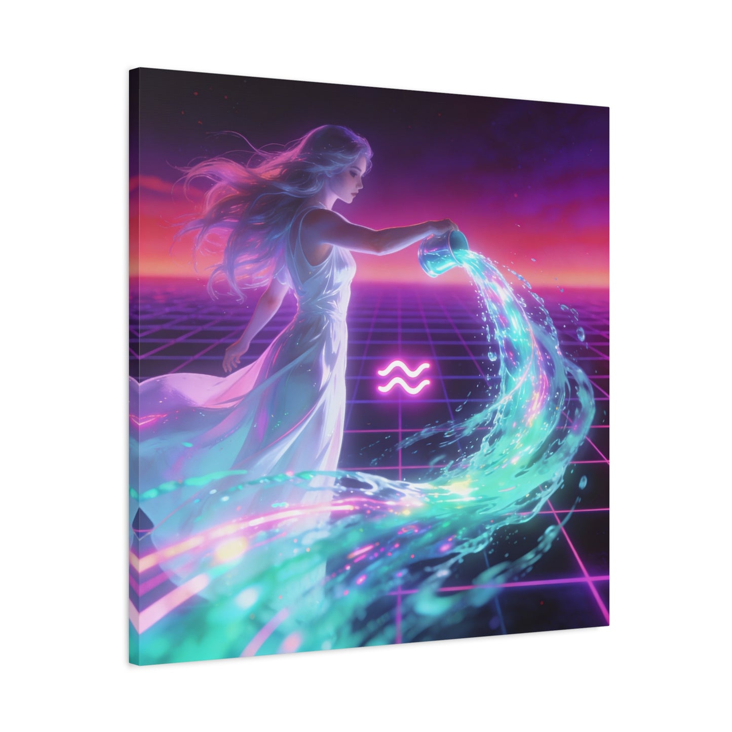 Aquarius Woman Canvas Wall Art - Neon Water Bearer Zodiac Illustration, Retro Synthwave Aesthetic - Matte Canvas Print - Bedroom Wall Decor, Home Office Accent, Mystical Decor - Modern Farmhouse Style