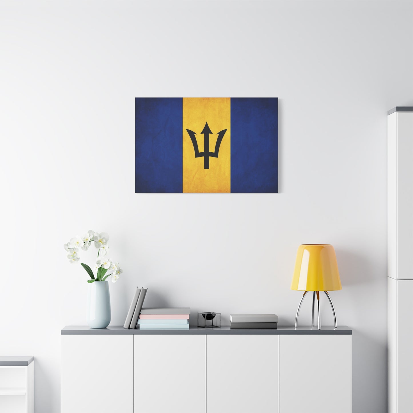 Barbados Flag Canvas Wall Art - Blue Gold Trident National Print, Caribbean Island Decor - Matte Cotton Artwork - Living Room Wall Decor, Office Accent - Bedroom Home Decoration - Ready to Hang