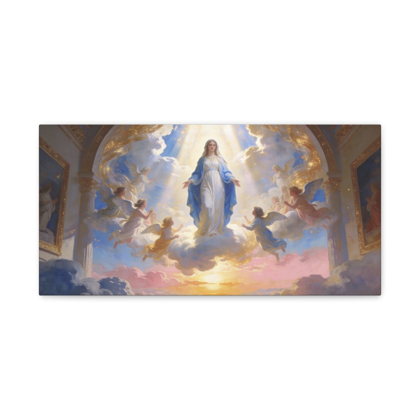 Virgin Mary Canvas Wall Art - Heavenly Religious Painting With Angels, Blue And Gold Clouds - Matte Cotton Canvas Print - Traditional Sacred Style For Bedroom Living Room Decor - Office Wall Art