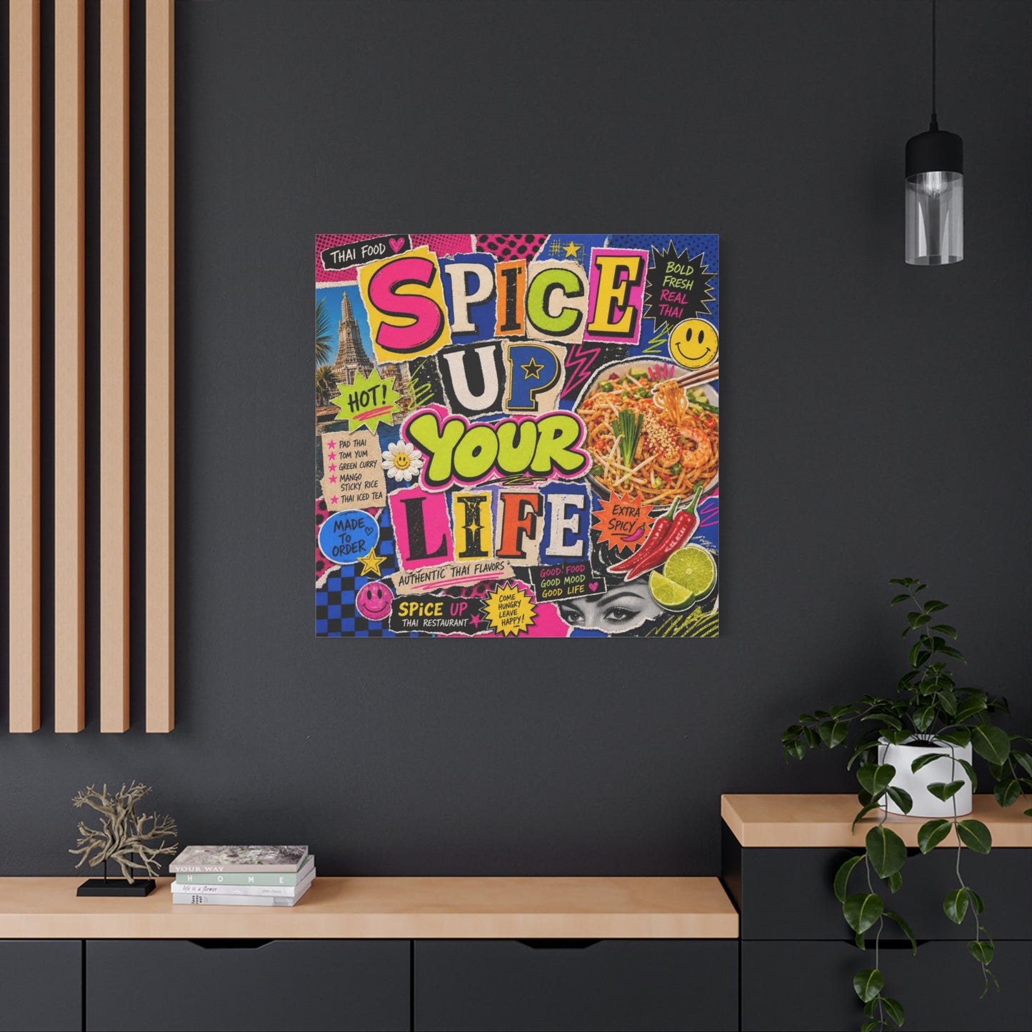 "Spice Up Your Life" Canvas Wall Art - Thai Food Pop Art Collage, Typography Print, Neon Color Street Poster Style, Cafe Decor, Dining Room Accent, Kitchen Wall Hanging, Contemporary - Ready to Hang