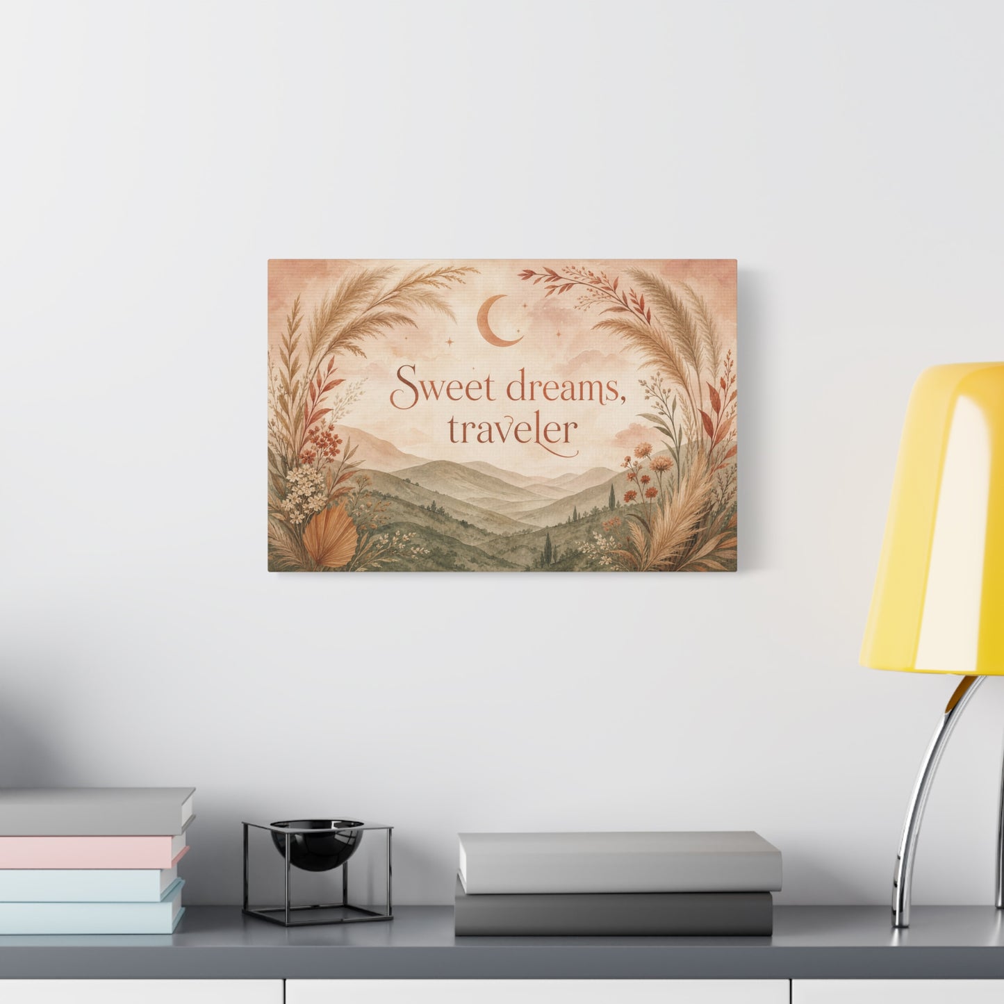 "Sweet Dreams, Traveler" Canvas Wall Art - Boho Moon Mountain Landscape Print - Neutral Botanical Bedroom Decor - Rustic Contemporary Wall Hanging - Ready to Hang - Bedroom Home Decoration