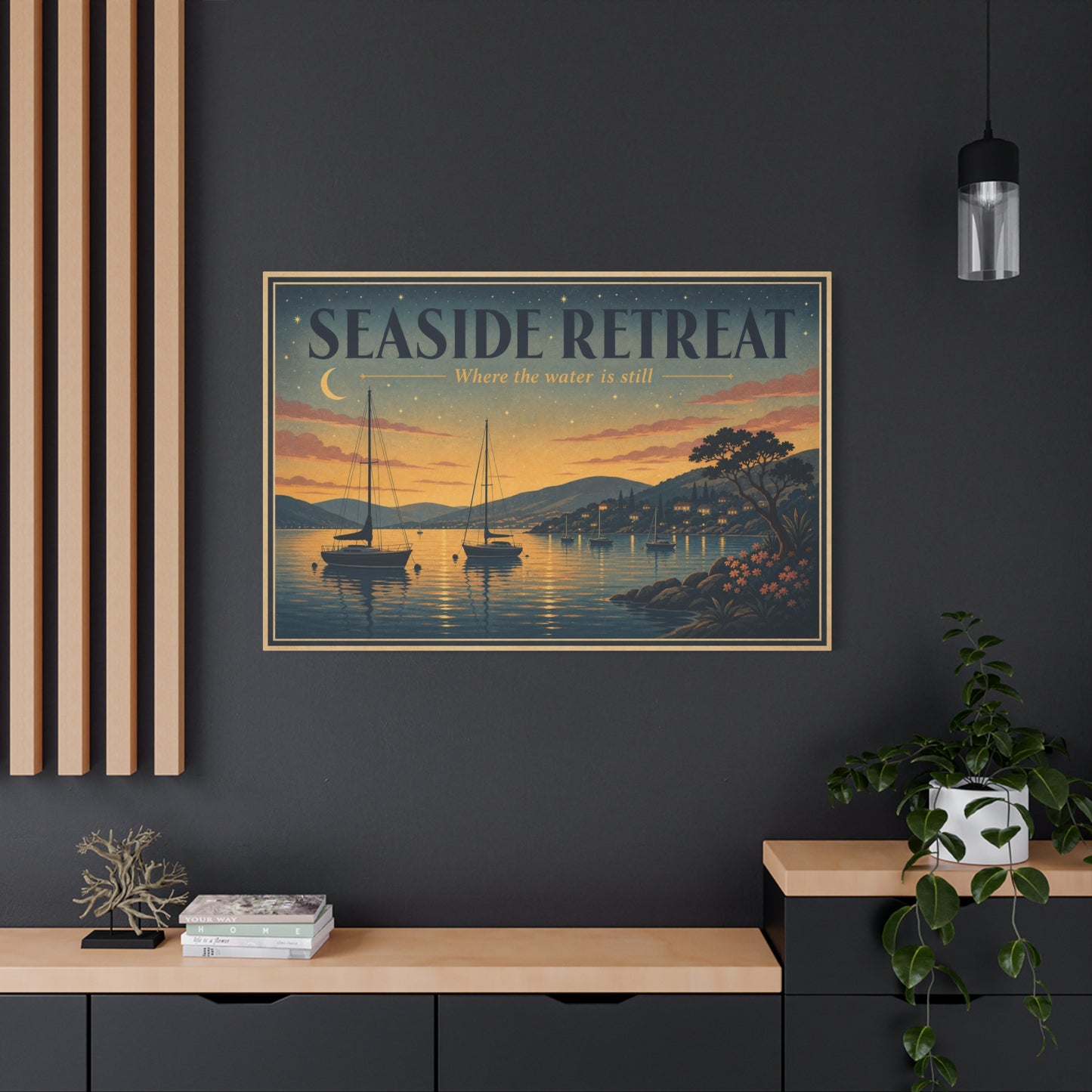 "Seaside Retreat Where The Water Is Still" Coastal Canvas Wall Art - Vintage Sailboat Harbor Sunset Print, Nautical Seascape Decor - Living Room Bedroom Wall Decor - Ready to Hang - Ready to Hang