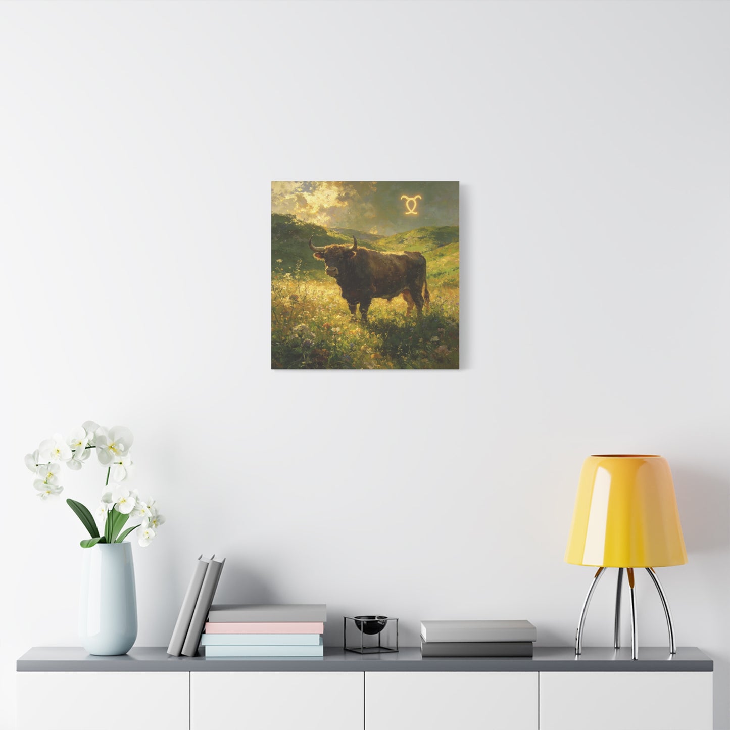 Taurus Bull Canvas Wall Art - Golden Meadow Landscape Painting, Zodiac Symbol, Rustic Contemporary Cotton Canvas Print, Living Room Wall Decor, Bedroom Home Decoration, Office Art Accent