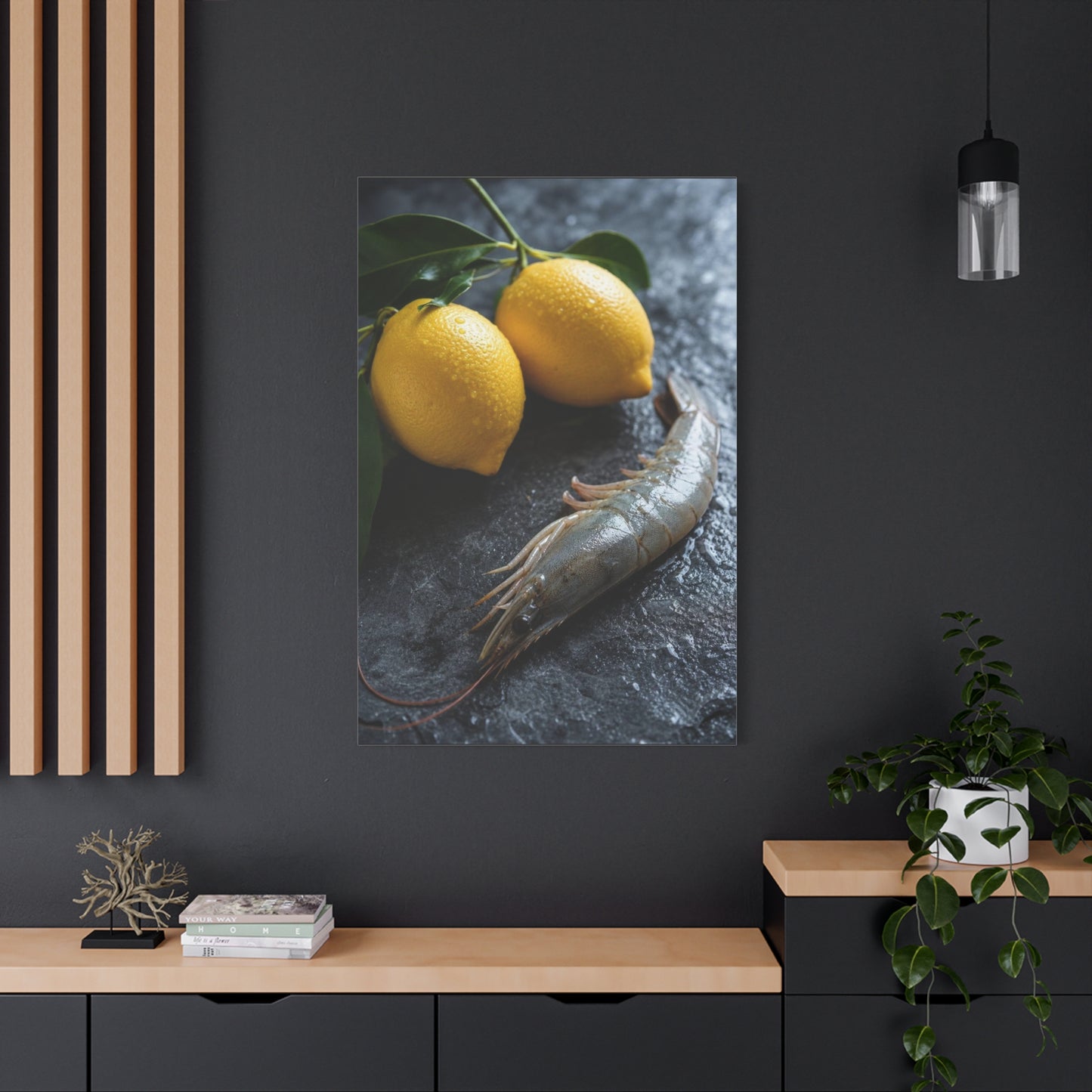 Lemon And Shrimp Canvas Wall Art - Still Life Food Art Print, Moody Kitchen Decor - Matte Cotton Art Print - Contemporary Dining Room Accent, Coastal Restaurant Wall Decor - Bedroom Home Decoration