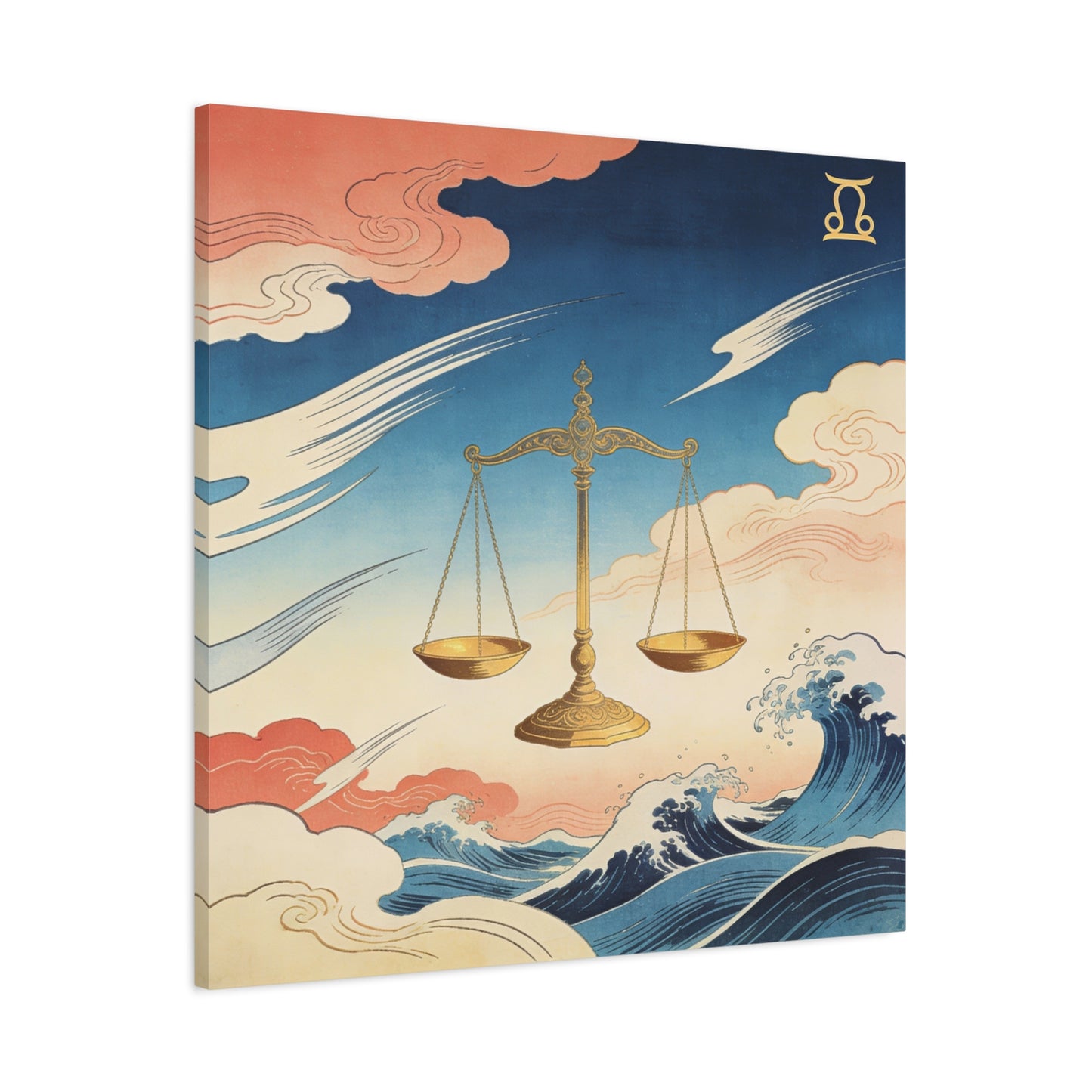 Libra Zodiac Canvas Wall Decor - Vintage Japanese Wave Scales Illustration - Celestial Astrology Print, Gold Balance Symbol, Traditional Style, Bedroom Home Decoration - Living Room Wall Decor