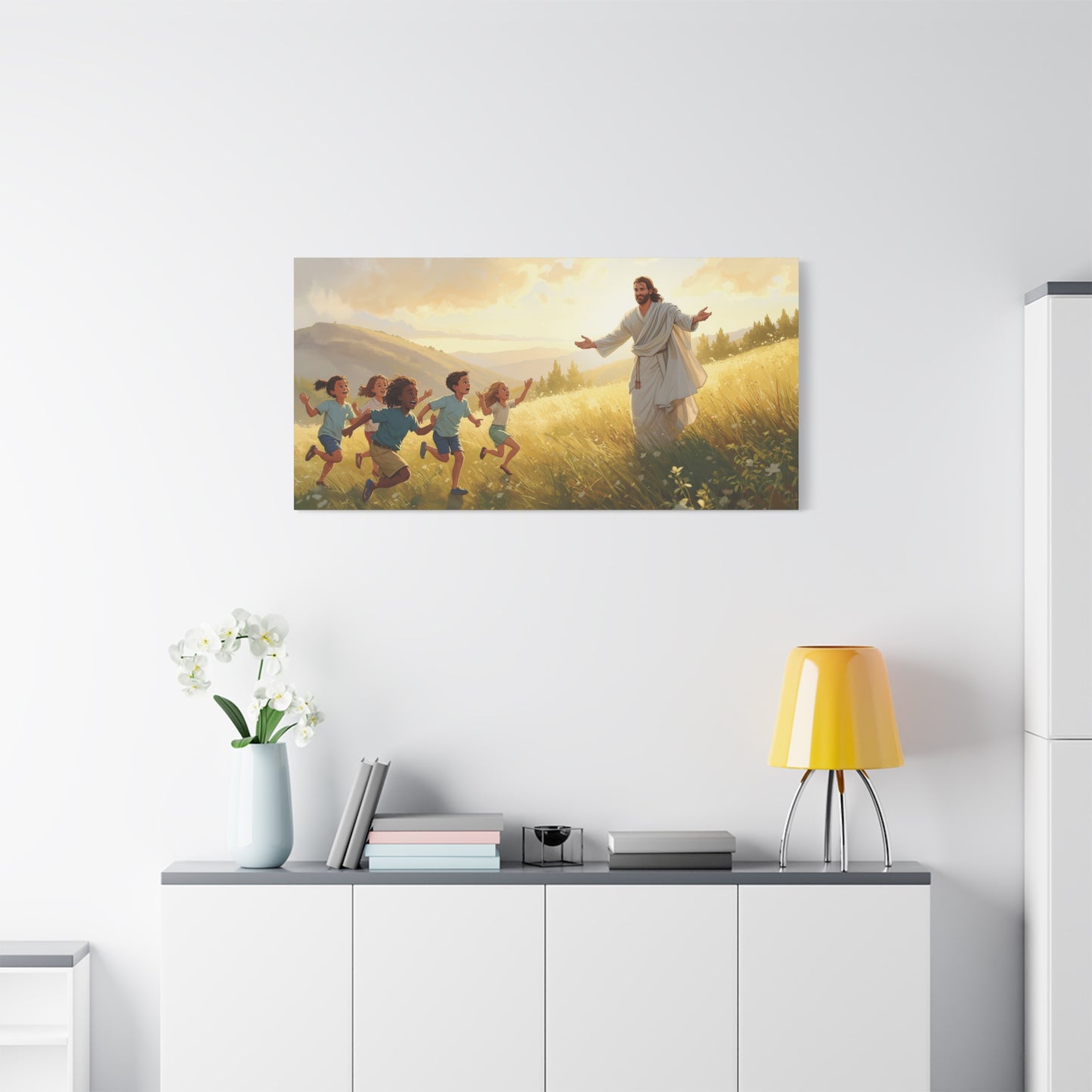 Jesus Christ With Children Canvas Wall Art - Golden Meadow Landscape, Christian Home Decor Print - Matte Cotton Canvas - Traditional Style For Living Room Bedroom Office - Living Room Wall Decor