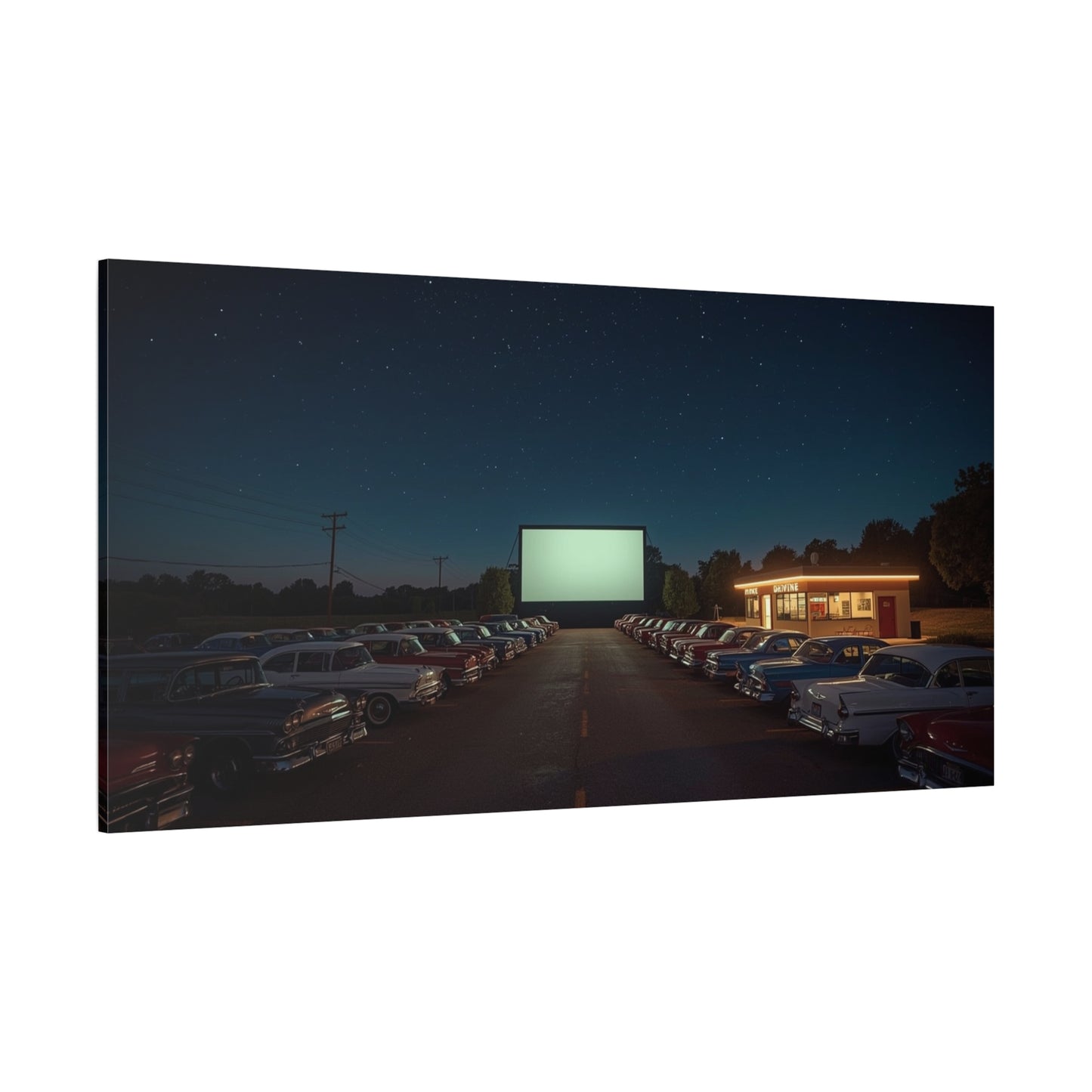 Vintage Drive-In Theater Canvas Wall Art - Starry Night Cinema Parking Lot, Retro Americana Art Print - Moody Contemporary Style - Living Room Wall Decor, Office Art - Bedroom Home Decoration