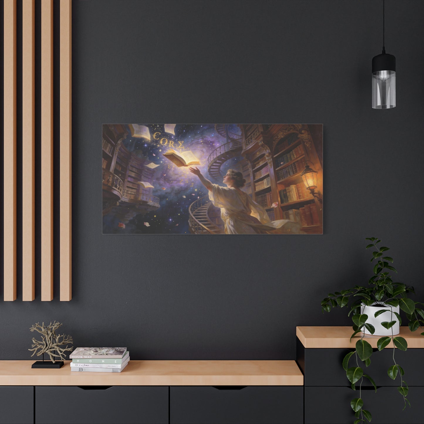 "CORZ" Fantasy Library Canvas Wall Art - Woman Reaching For Floating Book, Celestial Bookshelves, Spiral Staircase - Matte Cotton Print - Surreal Reading Room Decor, Office Art - Workspace Wall Decor