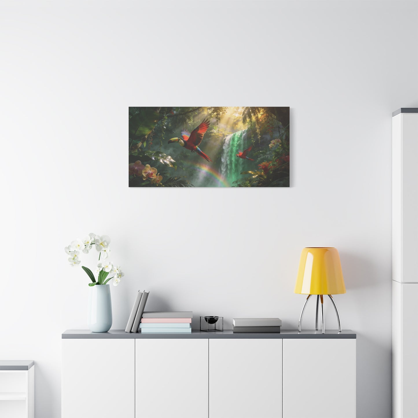 Scarlet Macaw Canvas Wall Art - Tropical Rainforest Waterfall Birds, Lush Jungle Scene, Matte Finish Canvas Print, Contemporary Nature Wall Decor For Living Room Bedroom Office - Cozy Reading Nook Art