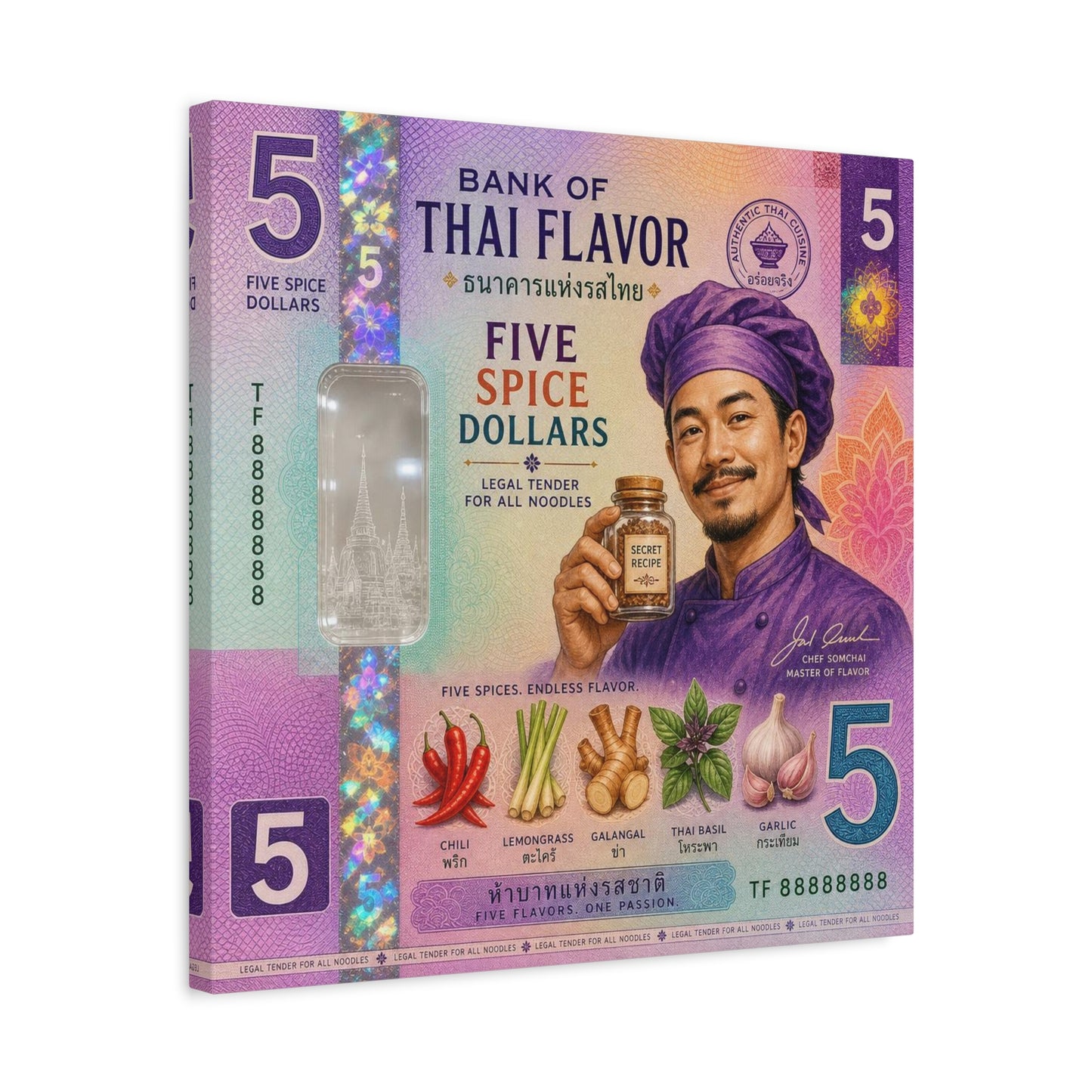 "Bank Of Thai Flavor" Thai Chef Canvas Wall Art - Five Spice Dollars Food Illustration, Colorful Typography Print, Eclectic Kitchen Decor, Cafe Wall Decor, Restaurant Wall Accent - Ready to Hang