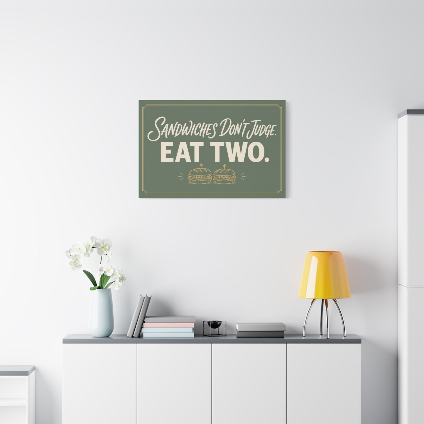"Sandwiches Don't Judge. Eat Two." Funny Canvas Wall Art - Retro Typography Food Quote Print, Sage Green - Modern Farmhouse Style - Deli Wall Decor - Sandwich Shop Sign - Diner Decor - Ready to Hang