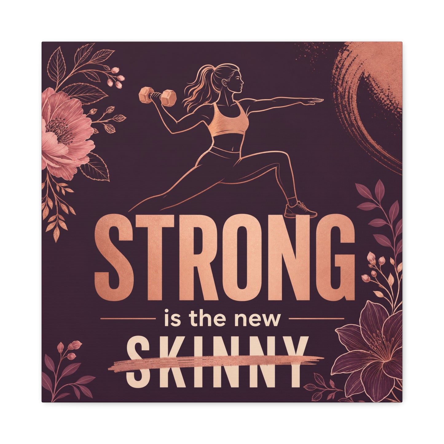 "Strong Is The New Skinny" Fitness Canvas Wall Art - Woman With Dumbbell Floral Quote Print - Rose Gold Motivational Decor - Modern Bedroom Wall Decor - Bedroom Home Decoration - Cozy Reading Nook Art