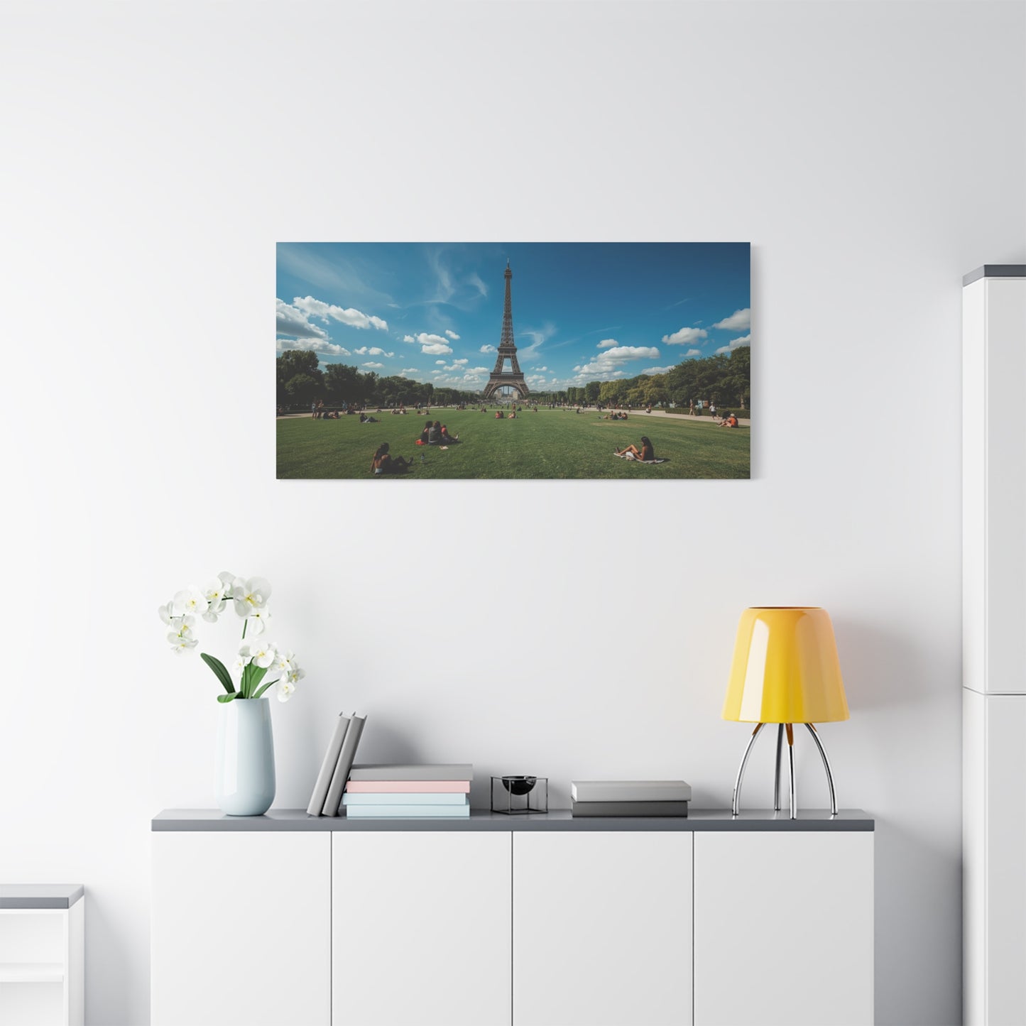 Eiffel Tower Canvas Wall Art Paris Landmark Art Print - Blue Sky, Green Lawn, Travel Cityscape Decor - Matte Cotton Artwork - Living Room Wall Decor, Office Art Accent - Bedroom Home Decoration