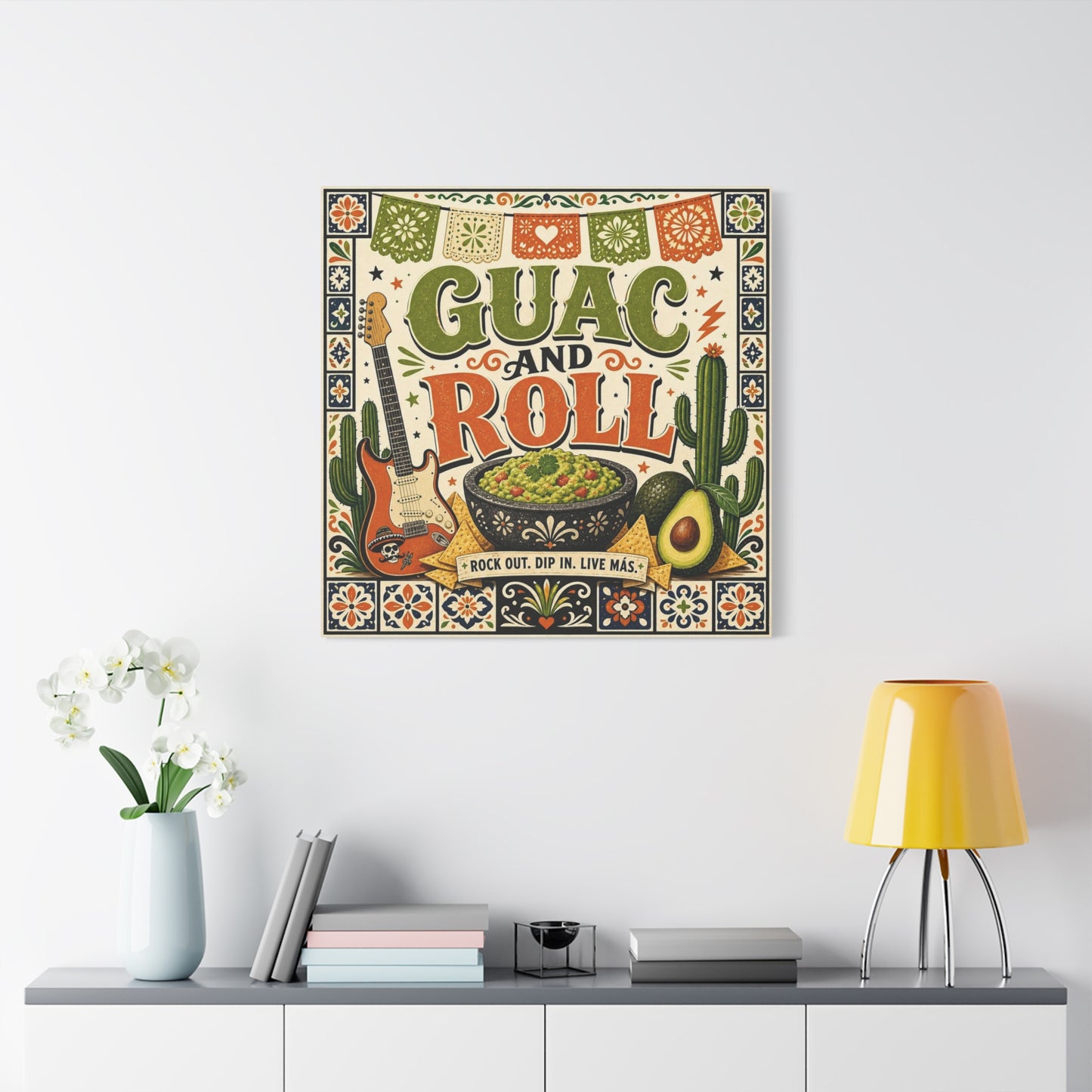 "Guac And Roll" Typography Canvas Wall Art - Fiesta Guitar, Cactus, Avocado Folk Illustration - Bohemian Rustic Style - Kitchen Wall Decor, Dining Room Accent, Cafe Wall Decor - Modern Farmhouse Style