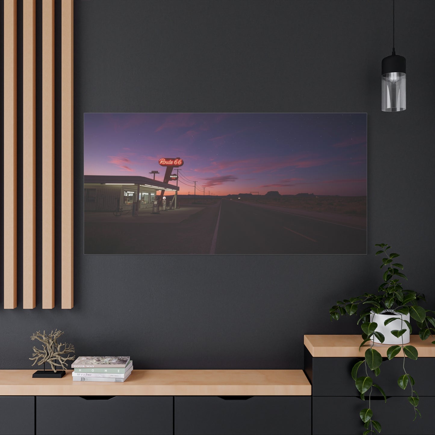 "Route 66" Desert Gas Station Canvas Wall Art - Twilight Roadside Art Print - Purple Pink Sunset Sky, Retro Americana Style - Living Room Wall Decor, Office Art - Bedroom Home Decoration