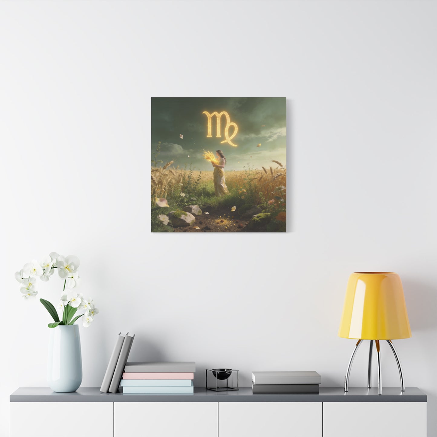 Virgo Zodiac Canvas Wall Art - Glowing Virgo Symbol, Woman In Wheat Field - Mystical Celestial Illustration, Matte Canvas Print - Bedroom Wall Decor, Meditation Space Accent - Bedroom Home Decoration
