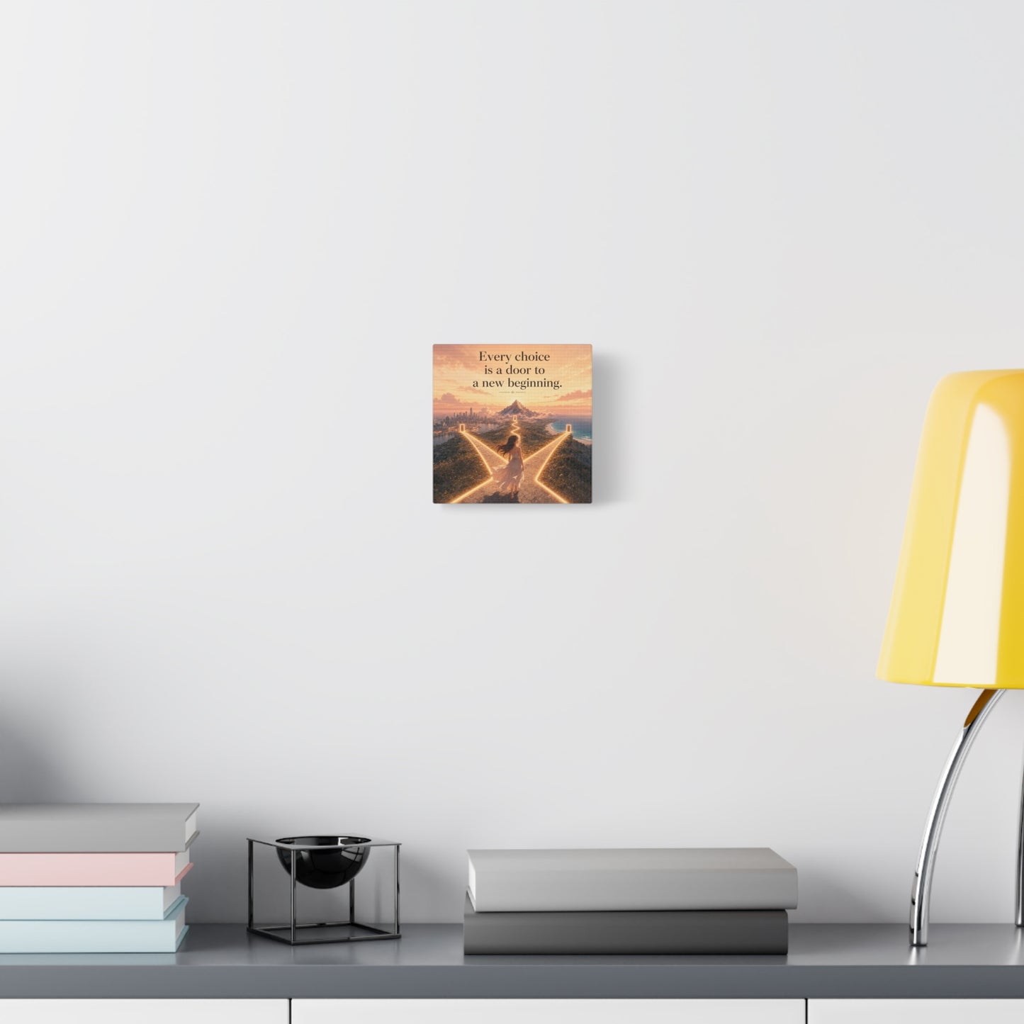 "Every Choice Is A Door To A New Beginning." Inspirational Canvas Wall Art - Woman At Glowing Crossroads Path, Mountain And Coast Dreamscape - Modern Typography Decor For Bedroom Office