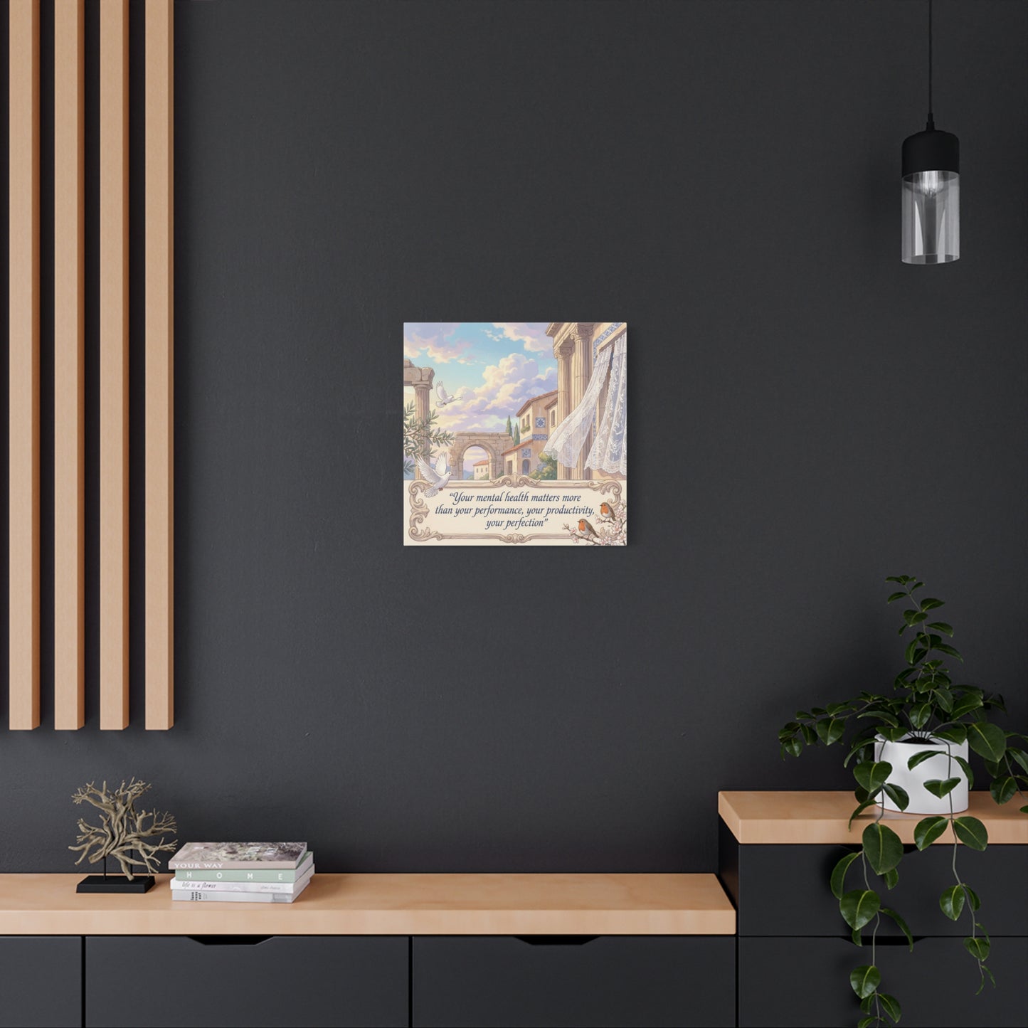 "Your Mental Health Matters More Than Your Performance, Productivity, Perfection" Canvas Wall Art - Dove Courtyard Quote Print - Pastel Mediterranean Decor - Bedroom Office Wall Hanging