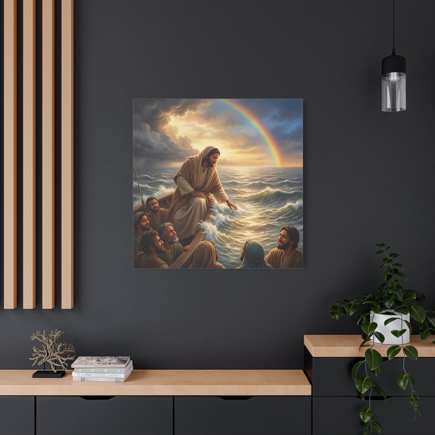 Jesus Christ Walking On Water Canvas Wall Art - Rainbow Over Stormy Sea, Disciples In Boat - Matte Cotton Print - Traditional Religious Style - Living Room Wall Decor - Bedroom Home Decoration