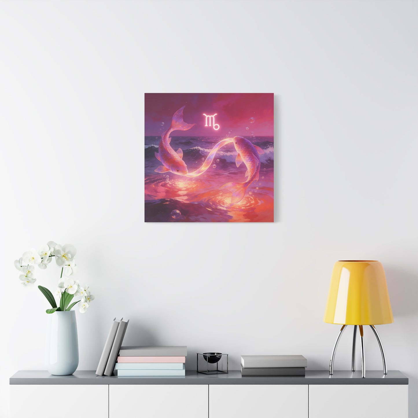 Scorpio Zodiac Canvas Wall Art - Glowing Koi Fish Ocean Illustration, Pink Purple Celestial Water Scene - Modern Fantasy Decor - Bedroom Home Decoration, Living Room Accent - Living Room Wall Decor