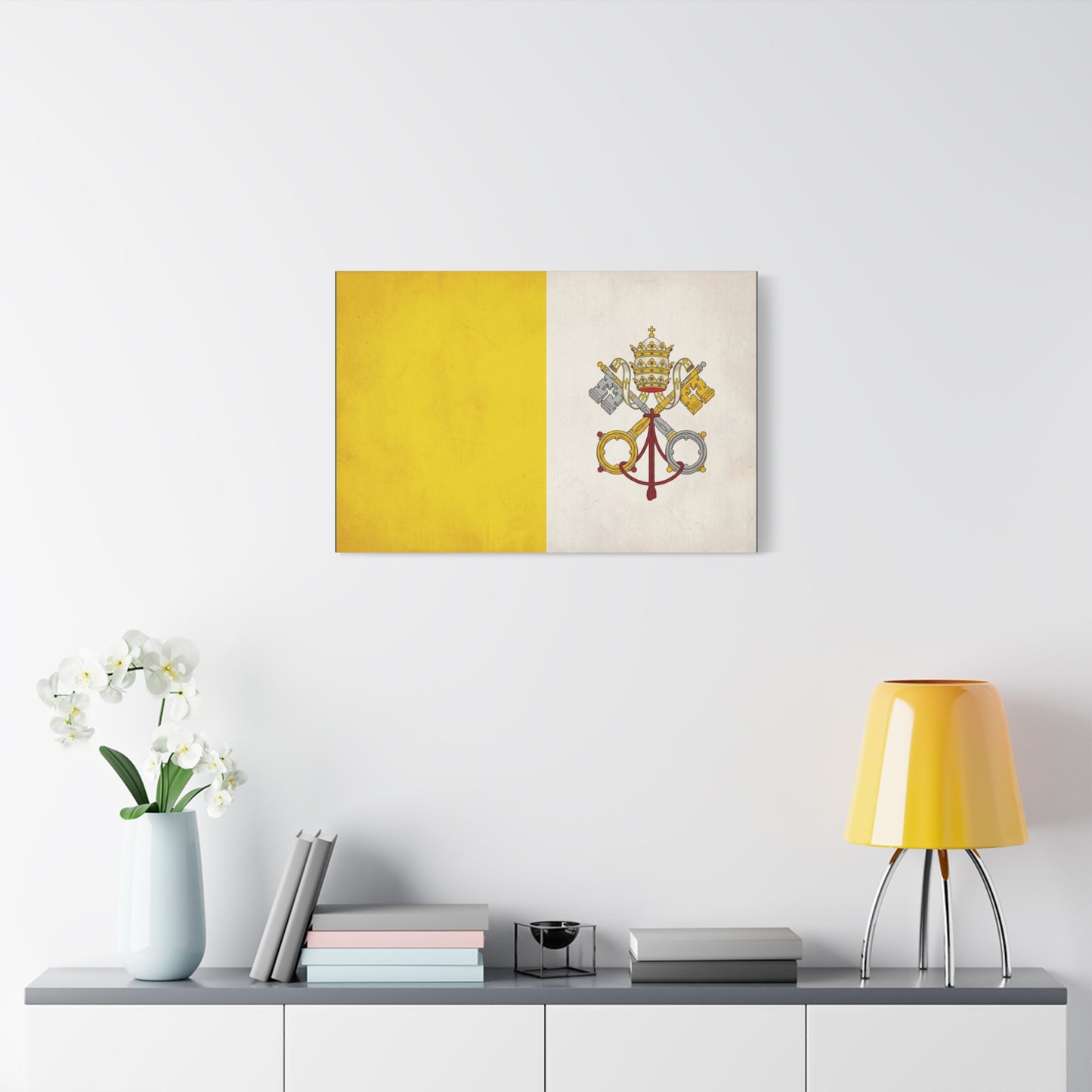 Vatican Flag Canvas Wall Art - Papal Keys And Tiara Catholic Wall Decor - Yellow White Heraldic Print - Traditional Religious Style - Bedroom Home Decoration - Bedroom Home Decoration - Ready to Hang