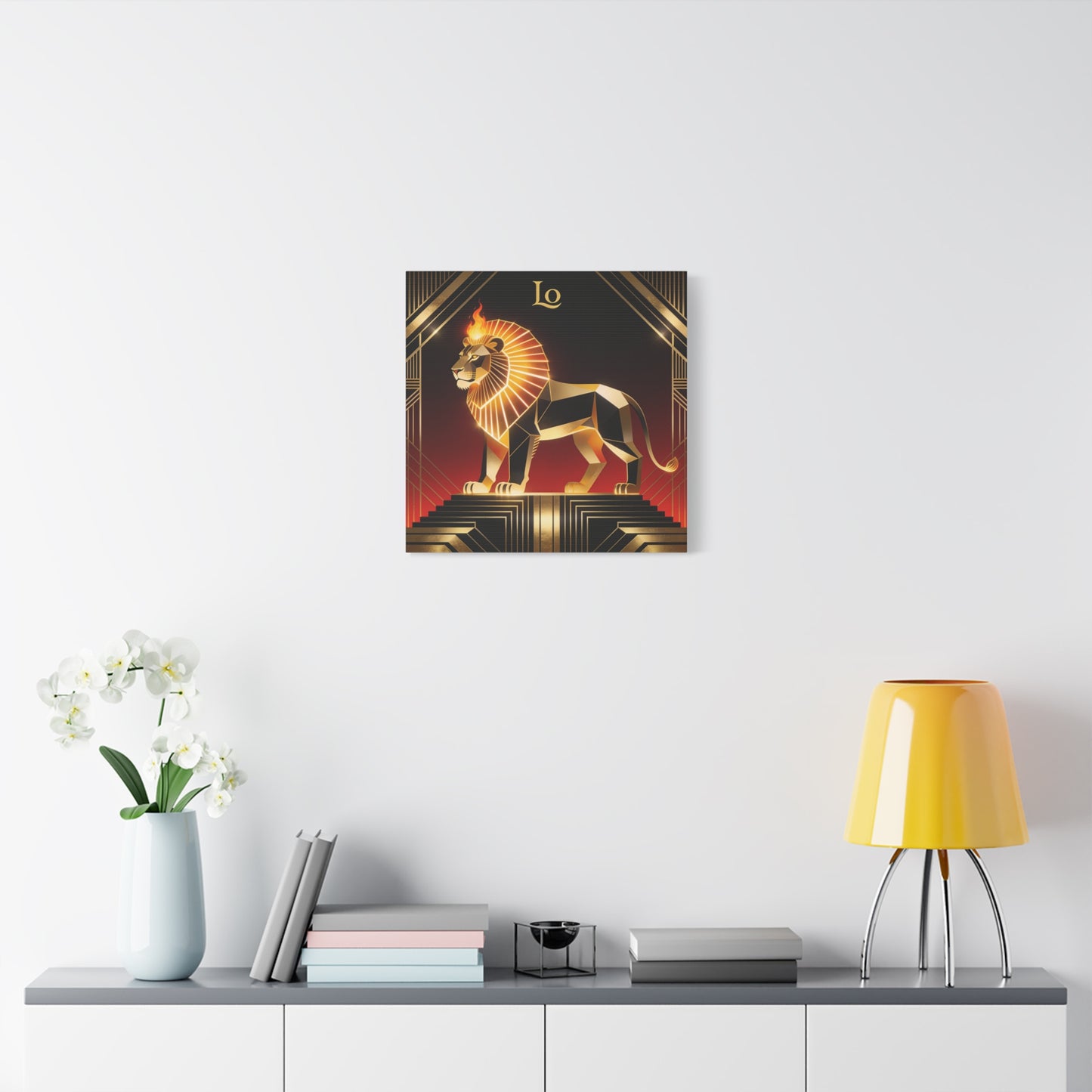 "Lo" Geometric Lion Canvas Wall Decor - Art Deco Gold Black Red Animal Print - Flaming Mane Illustration, Modern Luxe Interior Accent, Living Room Home Decoration - Living Room Wall Decor