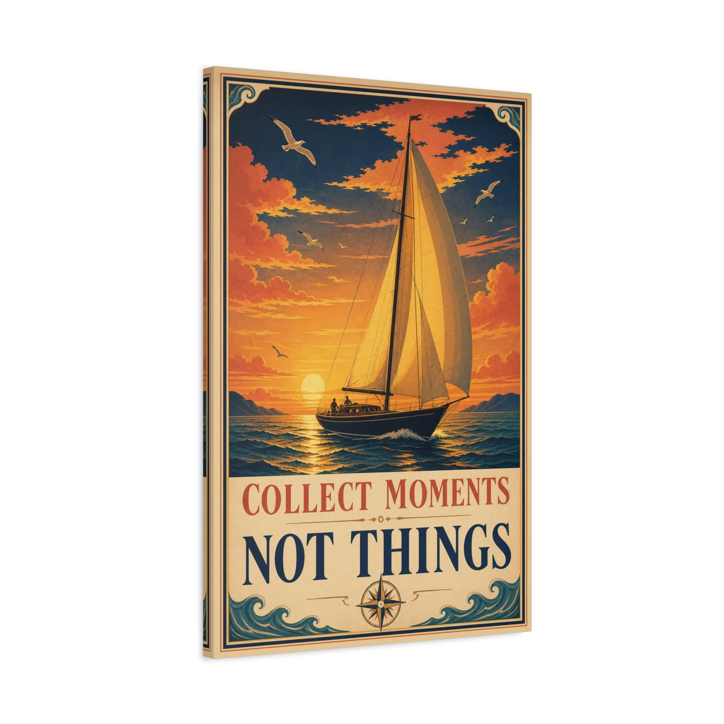 "Collect Moments Not Things" Sailboat Canvas Wall Art - Vintage Nautical Sunset Seascape, Inspirational Ocean Poster Style - Coastal Living Room Wall Decor, Bedroom Home Decoration - Ready to Hang