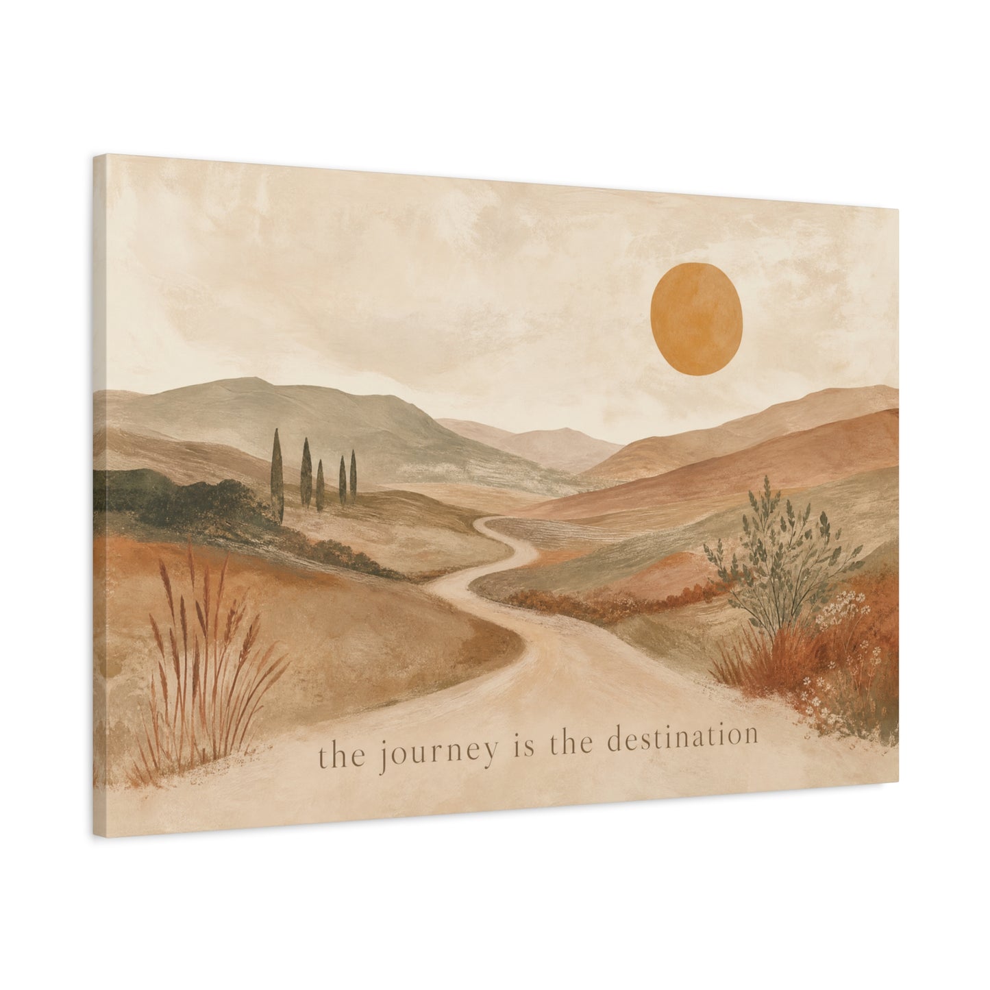"The Journey Is The Destination" Landscape Canvas Wall Art - Desert Hills, Winding Path, Terracotta Sun - Minimalist Typography Print - Bedroom Wall Decor, Living Room Home Decoration - Ready to Hang