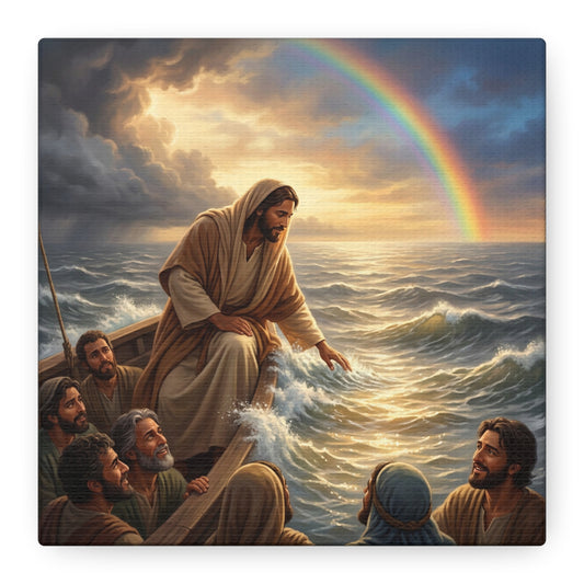 Jesus Christ Walking On Water Canvas Wall Art - Rainbow Over Stormy Sea, Disciples In Boat - Matte Cotton Print - Traditional Religious Style - Living Room Wall Decor - Bedroom Home Decoration