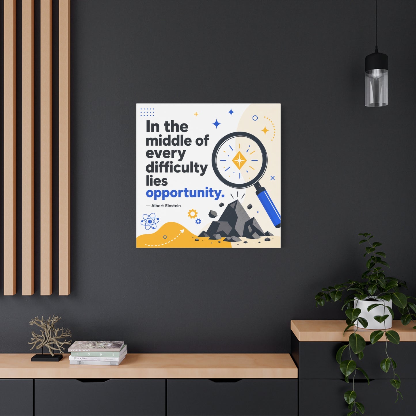 "In The Middle Of Every Difficulty Lies Opportunity." Einstein Canvas Wall Art - Motivational Quote Print, Blue Yellow Modern Typography, Office Decor, Classroom Inspiration, Study Room Accent
