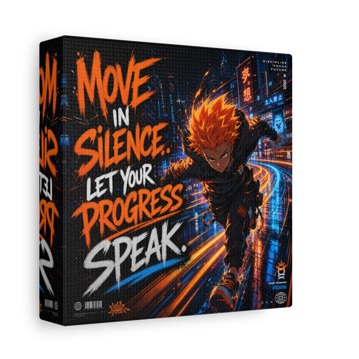 "Move In Silence Let Your Progress Speak" Anime Canvas Wall Art - Cyberpunk Runner Motivational Quote Print, Neon City Street Illustration - Teen Bedroom Decor, Home Office Accent - Office Wall Art