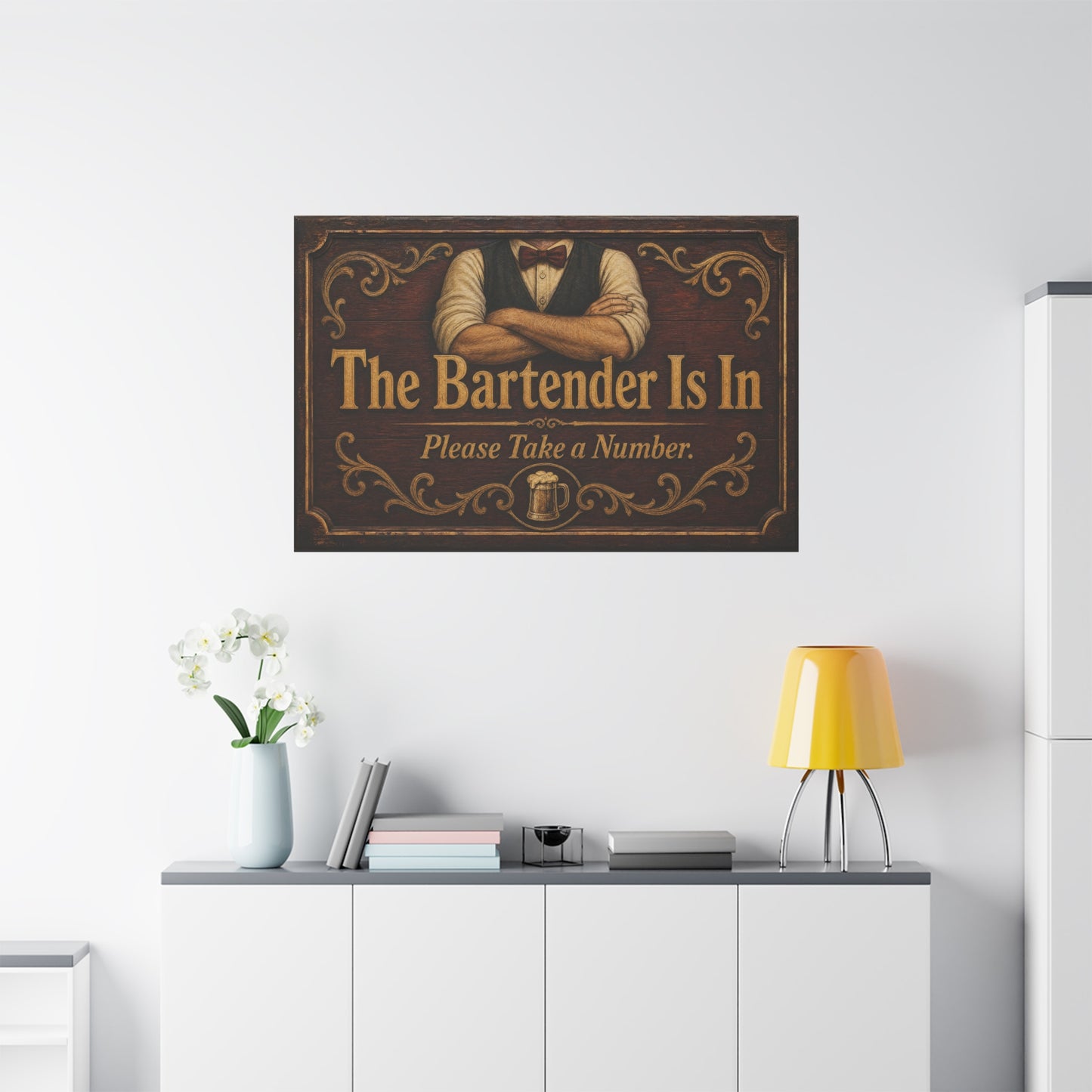 "The Bartender Is In Please Take A Number" Canvas Wall Art - Vintage Rustic Bar Sign Decor, Brown Woodgrain Tavern Style, Home Bar Decoration, Pub Room Accent - Ready to Hang - Pub Wall Art