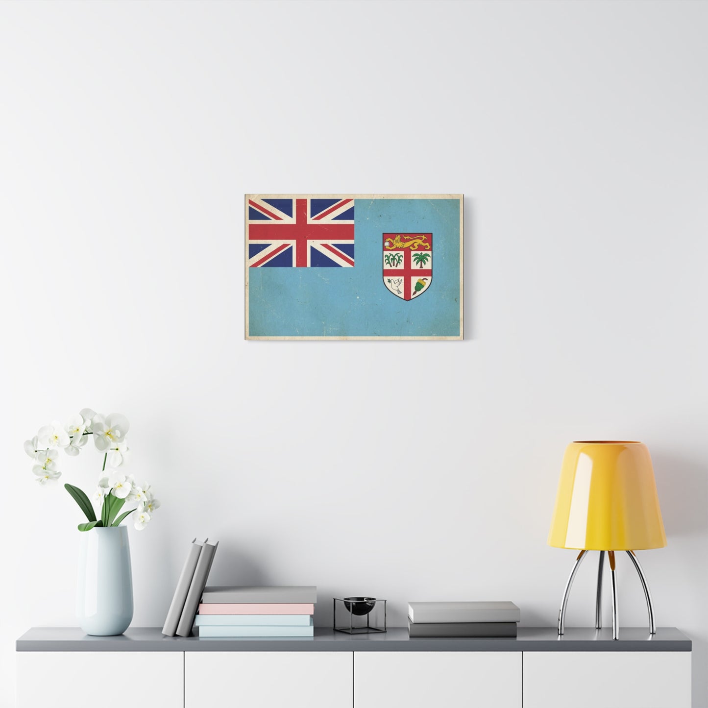 Vintage Fiji Flag Canvas Wall Art - Distressed British Ensign And Shield Print - Retro Patriotic Decor, Coastal Blue Island Style, Living Room Wall Decor, Office Art - Ready to Hang - Ready to Hang