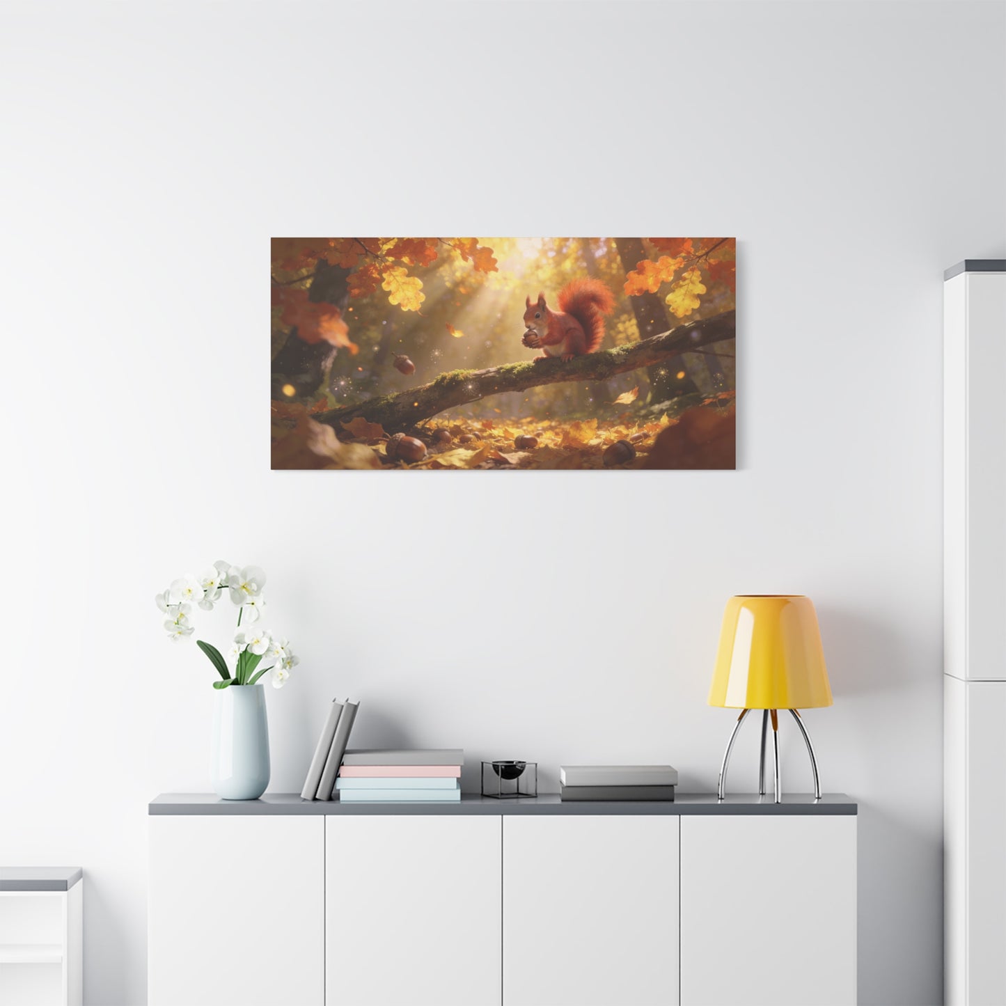 Red Squirrel Canvas Wall Art - Autumn Forest Acorn Scene, Golden Sunlight, Matte Cotton Print - Rustic Woodland Decor, Living Room Accent, Bedroom Decoration, Office Nature Artwork - Office Wall Art