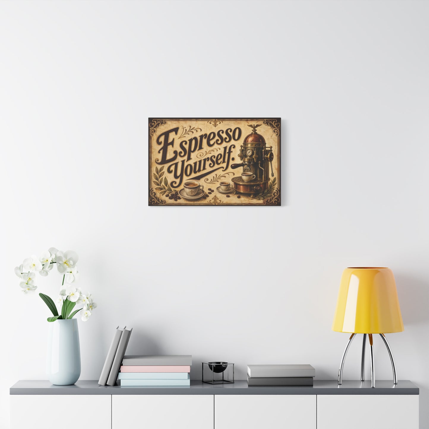 "Espresso Yourself" Coffee Canvas Wall Art - Vintage Espresso Machine Decor - Rustic Cafe Style Matte Print - Ready to Hang - Ready to Hang - Coffee Shop Decor - Cafe Wall Art - Gallery Wrapped Canvas