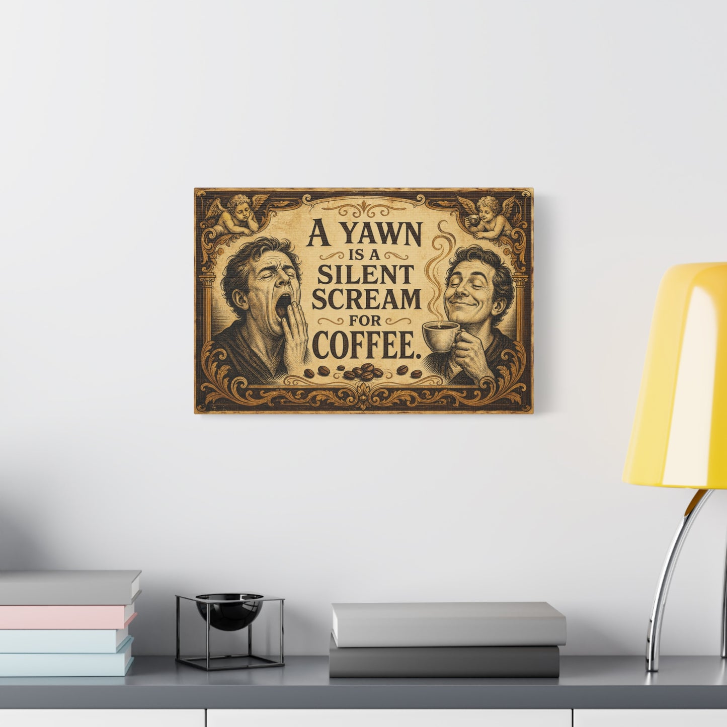 "A Yawn Is A Silent Scream For Coffee" Funny Coffee Canvas Wall Art - Vintage Cherub Quote Print, Sepia Cafe Style, Office Humor - Cafe Wall Art - Bistro Decor - Espresso Bar Sign - Ready to Hang