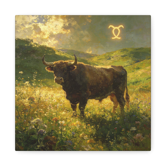 Taurus Bull Canvas Wall Art - Golden Meadow Landscape Painting, Zodiac Symbol, Rustic Contemporary Cotton Canvas Print, Living Room Wall Decor, Bedroom Home Decoration, Office Art Accent