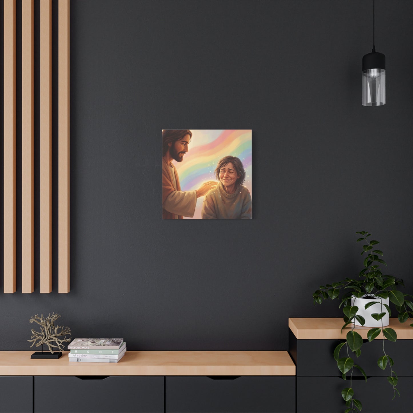 Jesus Christ Comforting Woman Canvas Wall Art - Rainbow Christian Wall Decor, Faith Home Decoration - Matte Canvas Print, Inspirational Religious Artwork - Living Room Bedroom Office - Ready to Hang